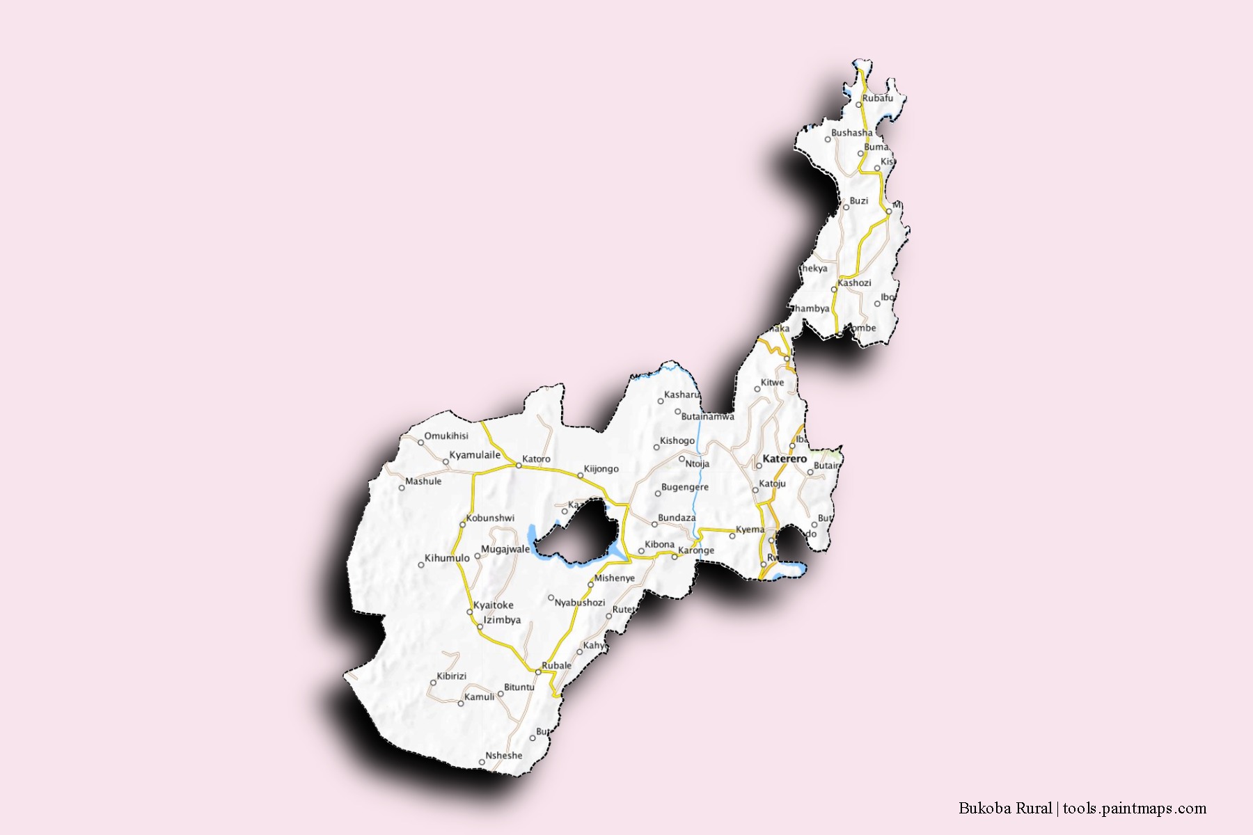 Bukoba Rural neighborhoods and villages map with 3D shadow effect