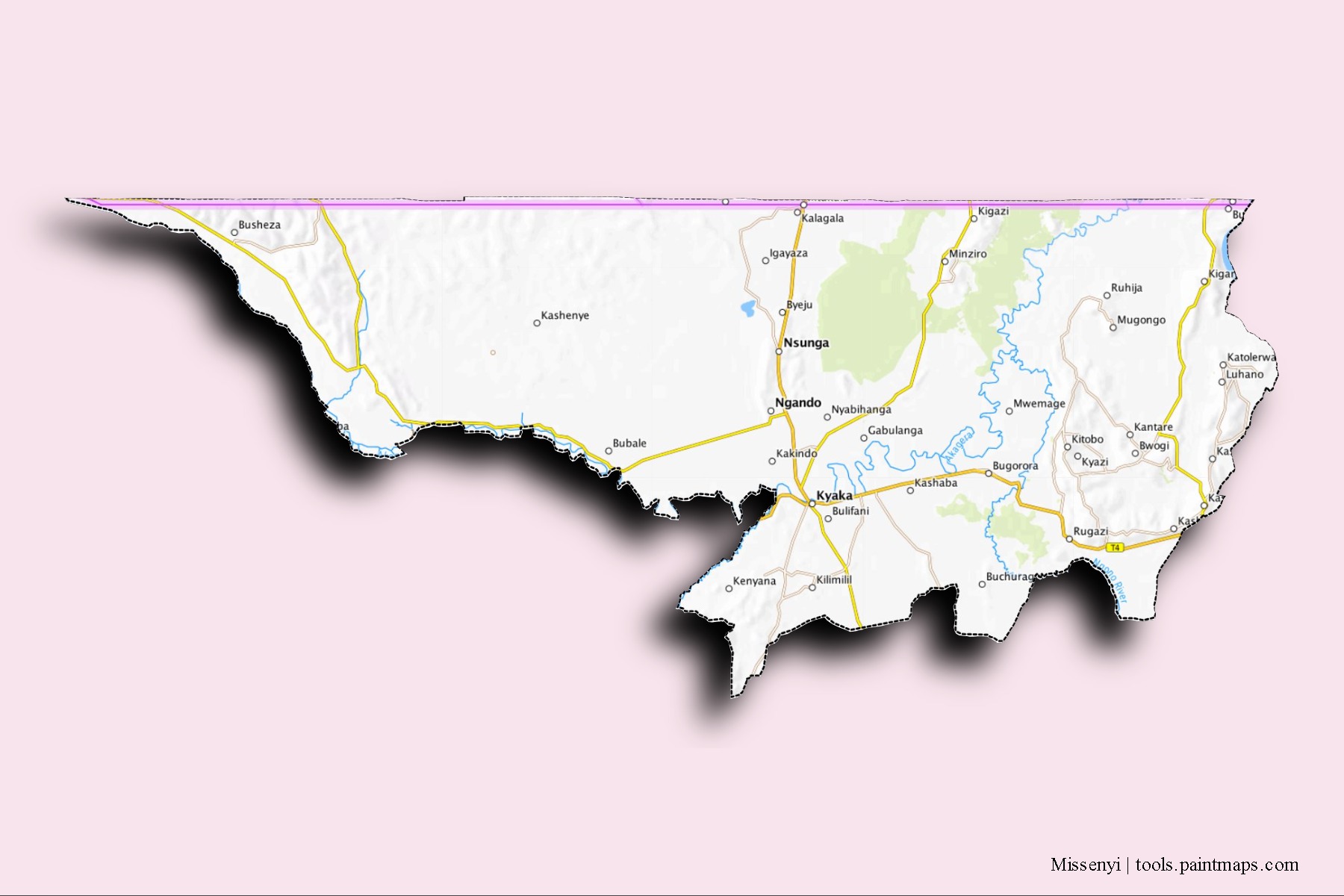 Missenyi neighborhoods and villages map with 3D shadow effect