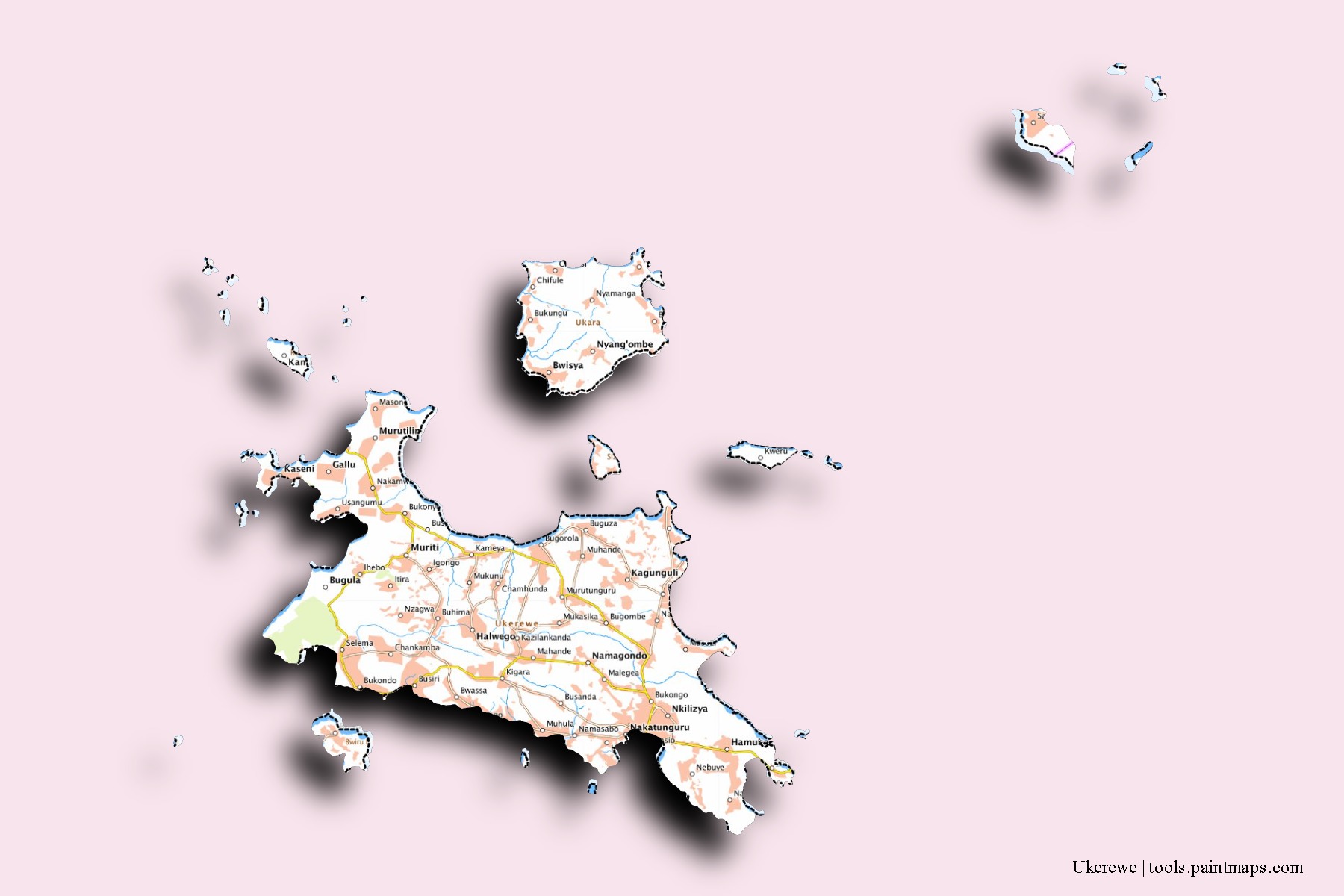 Ukerewe neighborhoods and villages map with 3D shadow effect