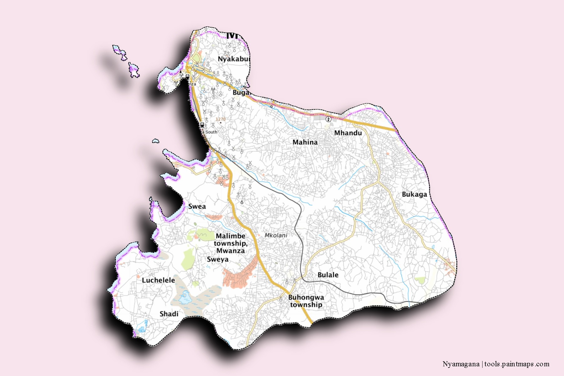 Nyamagana neighborhoods and villages map with 3D shadow effect