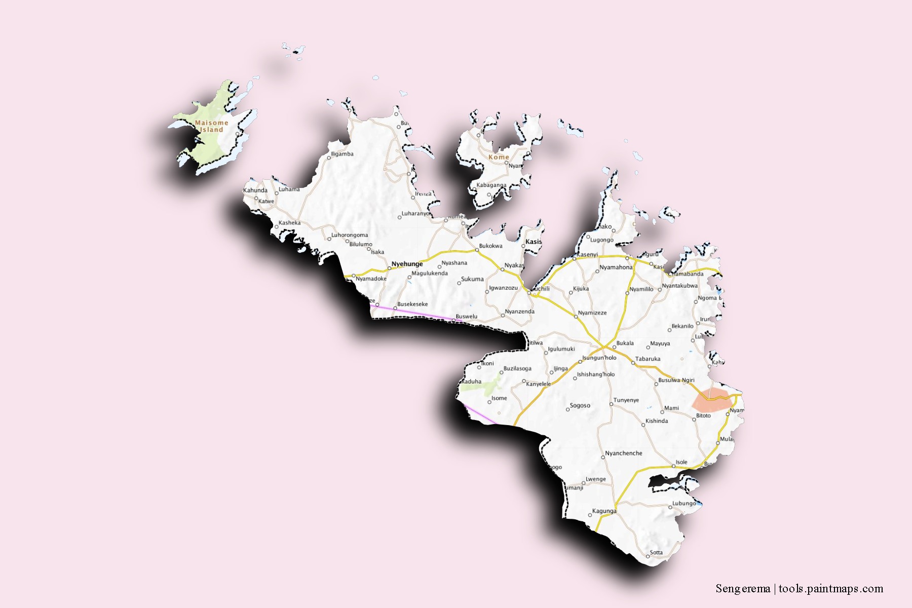 Sengerema neighborhoods and villages map with 3D shadow effect