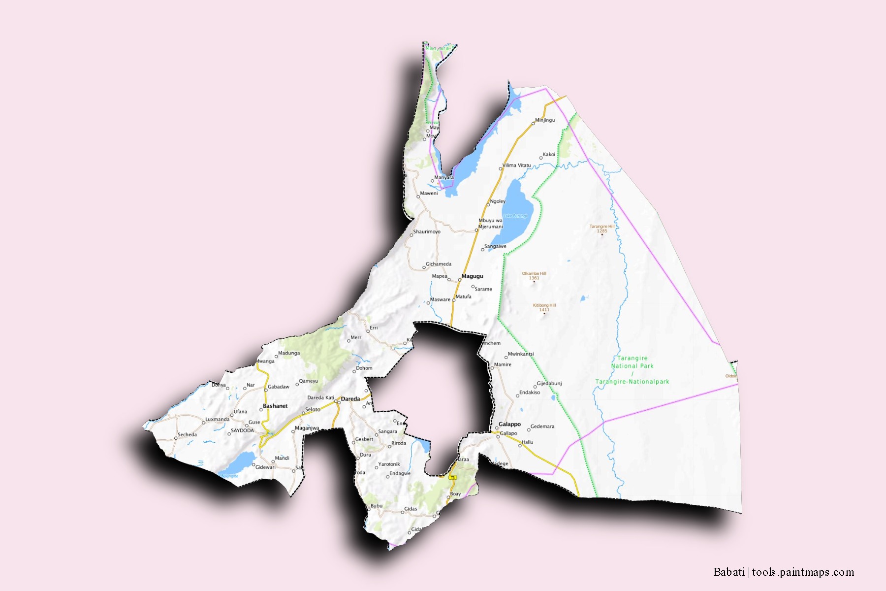 Babati neighborhoods and villages map with 3D shadow effect