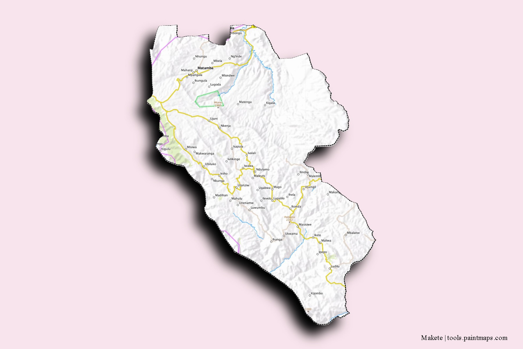 Mapa de barrios y pueblos de Makete con efecto de sombra 3D