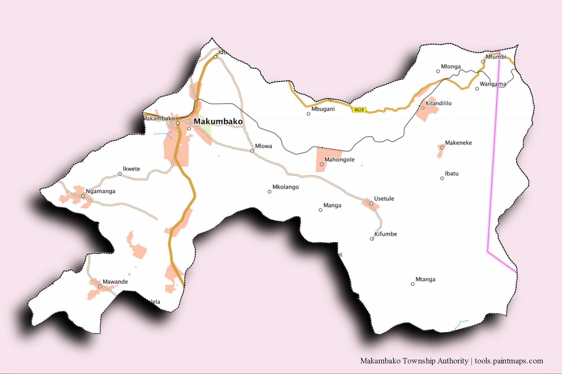 3D gölge efektli Makambako Township Authority mahalleleri ve köyleri haritası