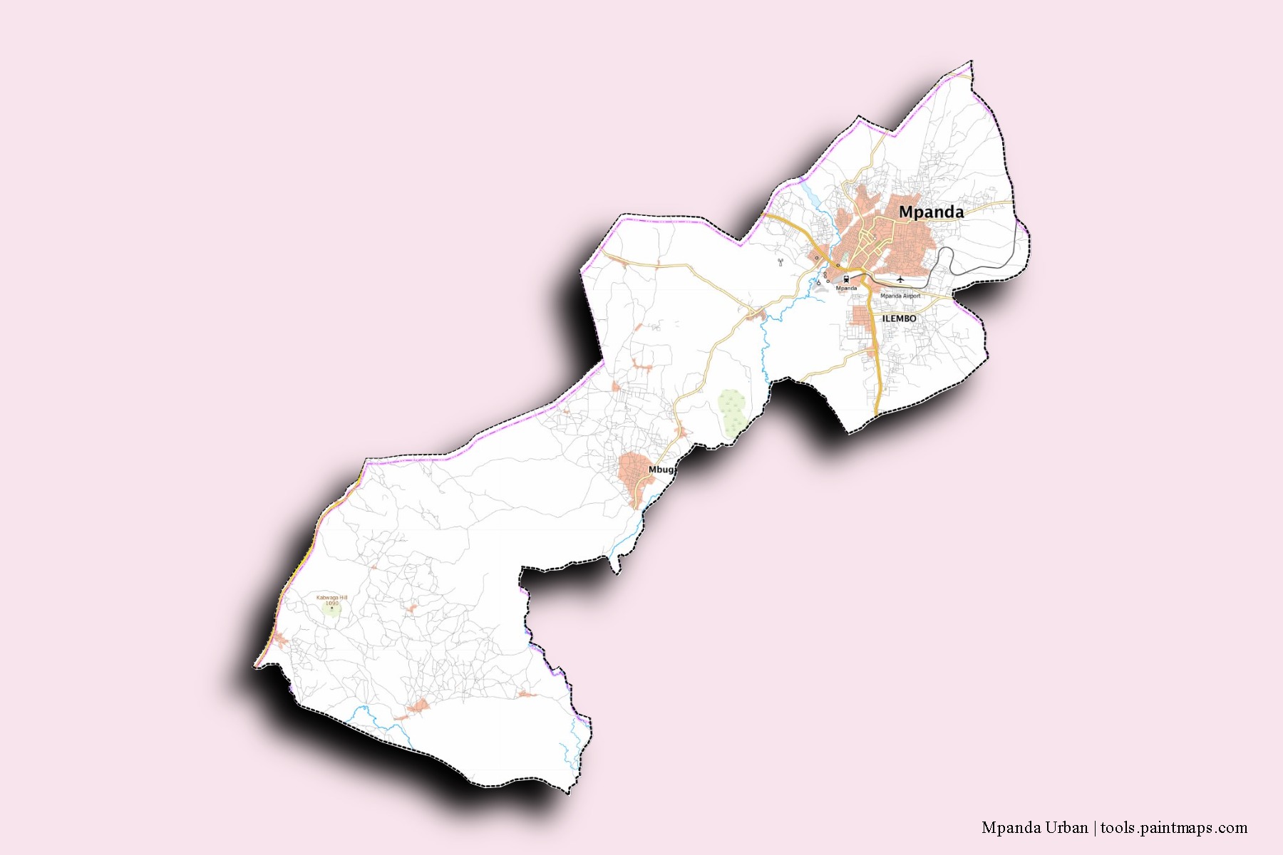 Mpanda Urban neighborhoods and villages map with 3D shadow effect