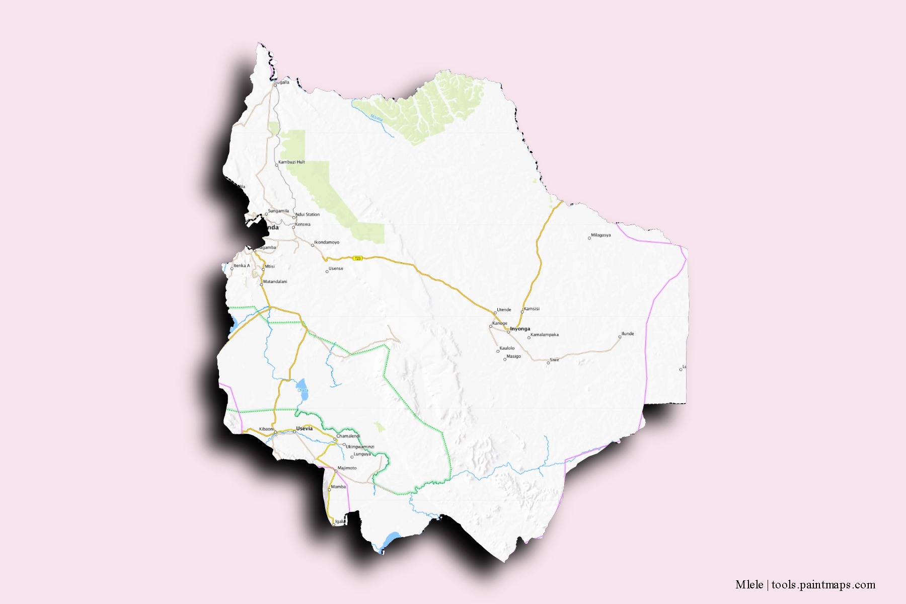 Mapa de barrios y pueblos de Mlele con efecto de sombra 3D