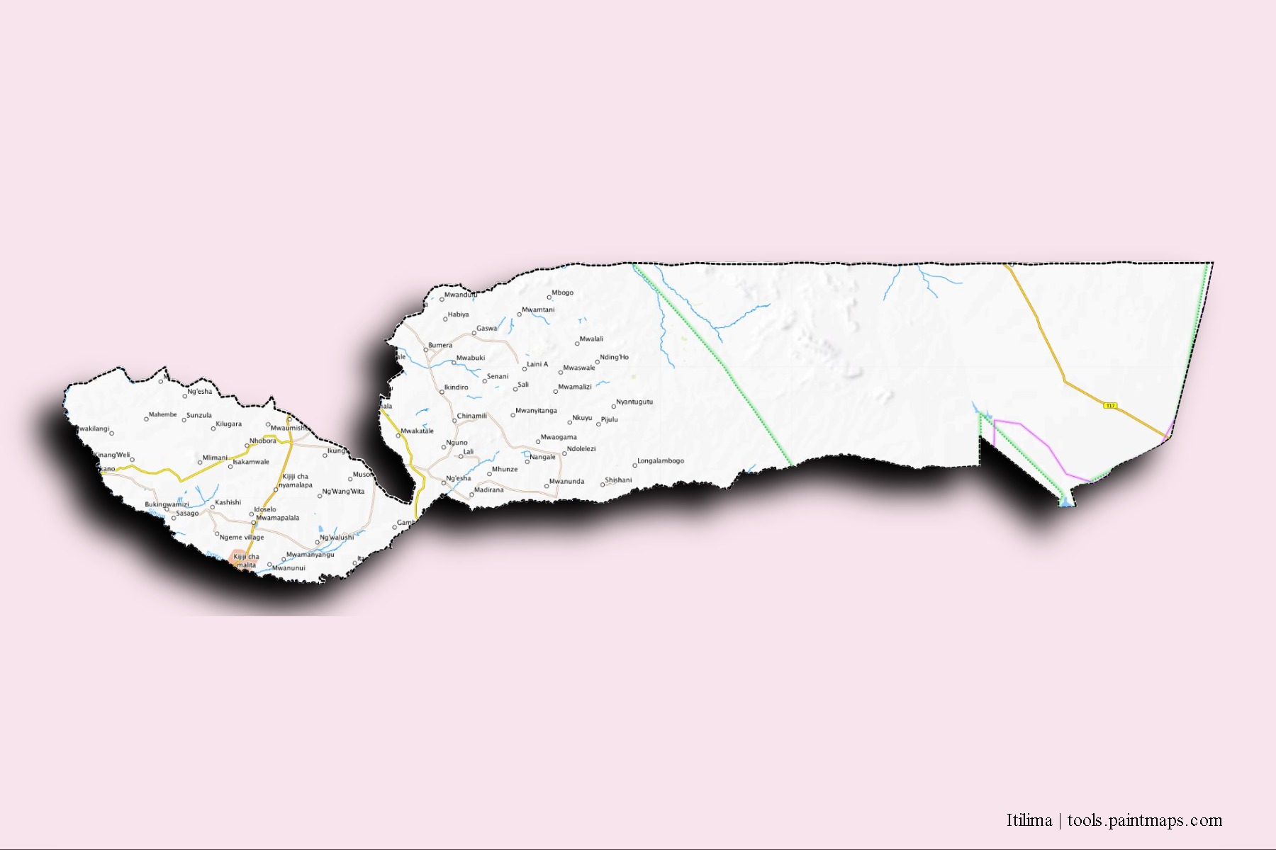 Mapa de barrios y pueblos de Itilima con efecto de sombra 3D