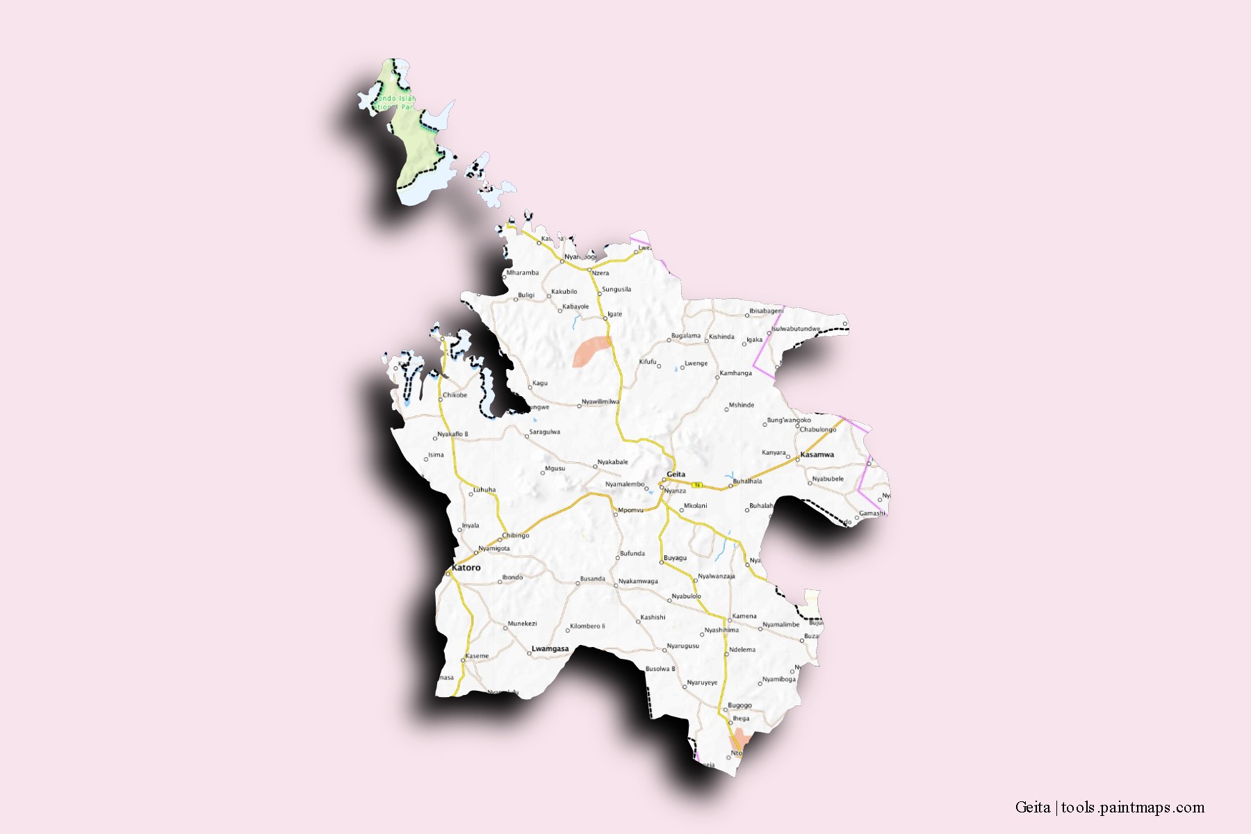 Mapa de barrios y pueblos de Geita con efecto de sombra 3D