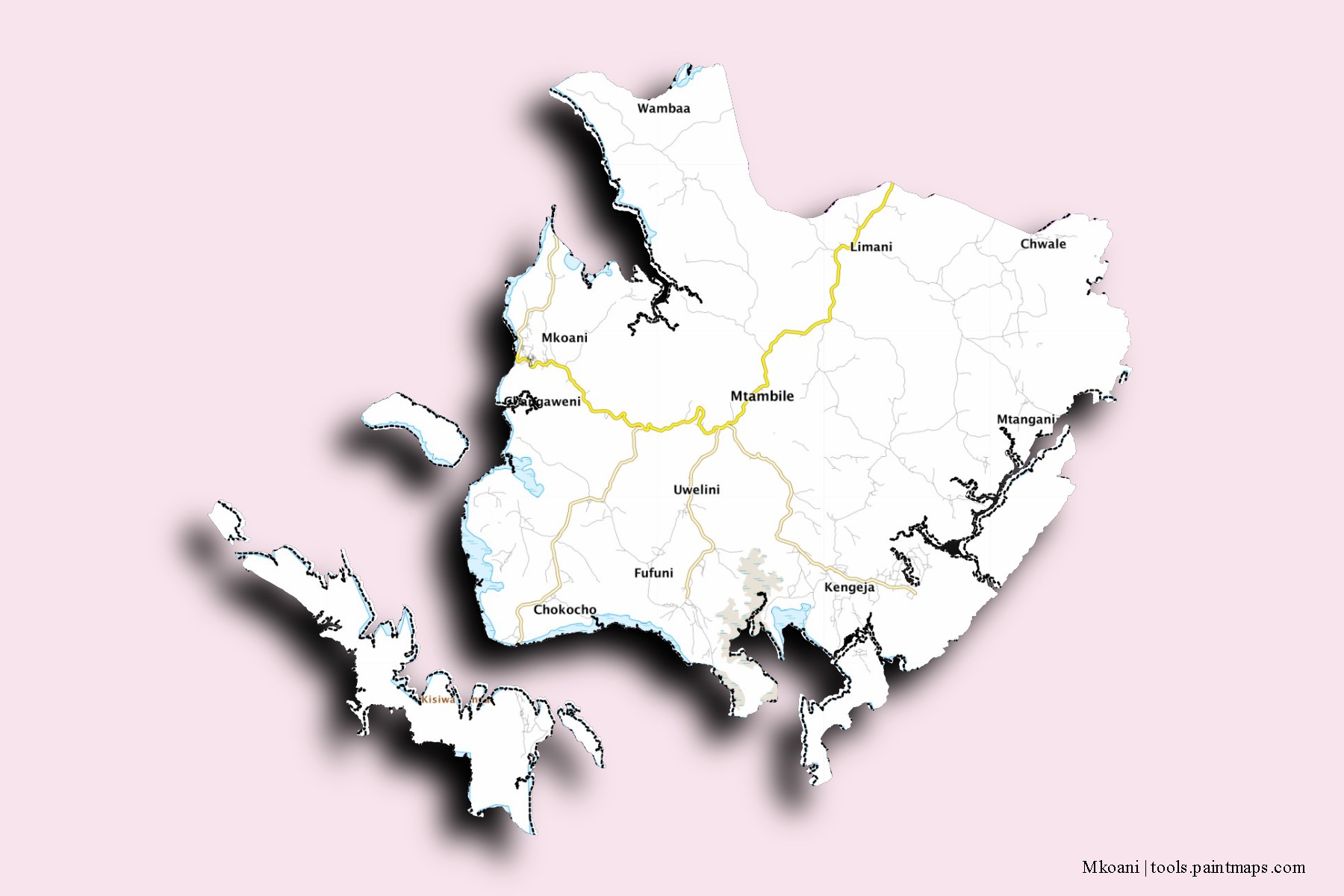 Mkoani neighborhoods and villages map with 3D shadow effect