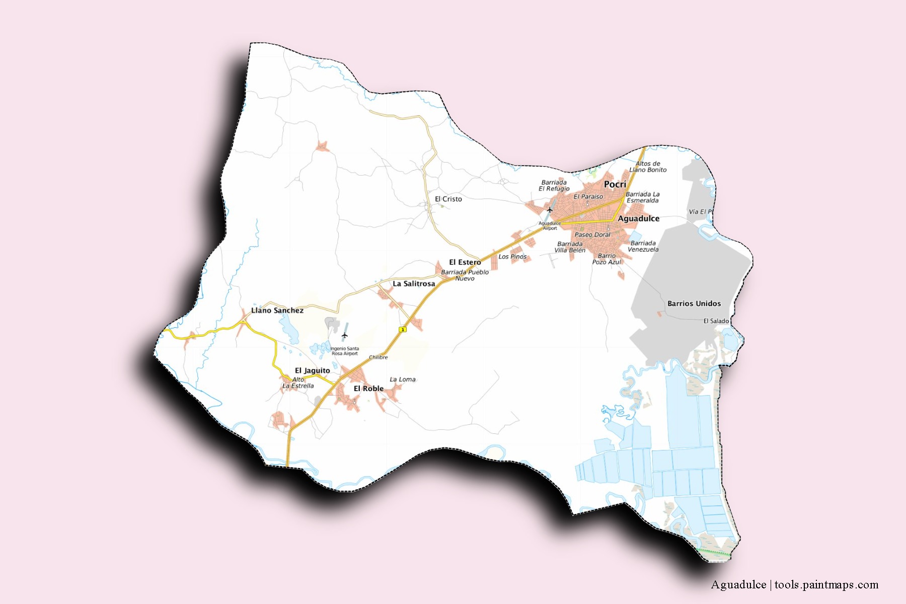 Aguadulce neighborhoods and villages map with 3D shadow effect