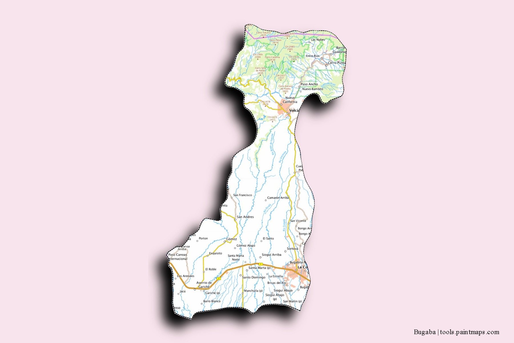 Mapa de barrios y pueblos de Bugaba con efecto de sombra 3D