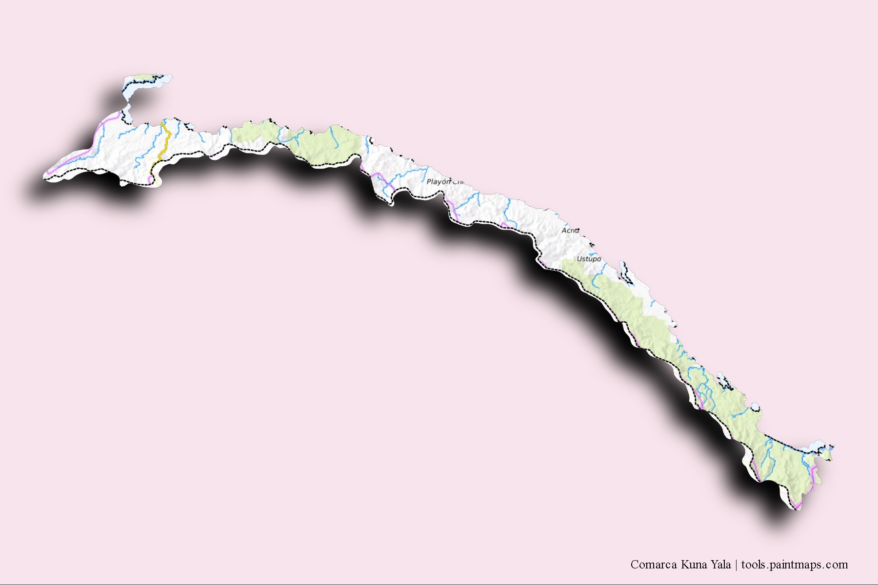 Kuna Yala neighborhoods and villages map with 3D shadow effect