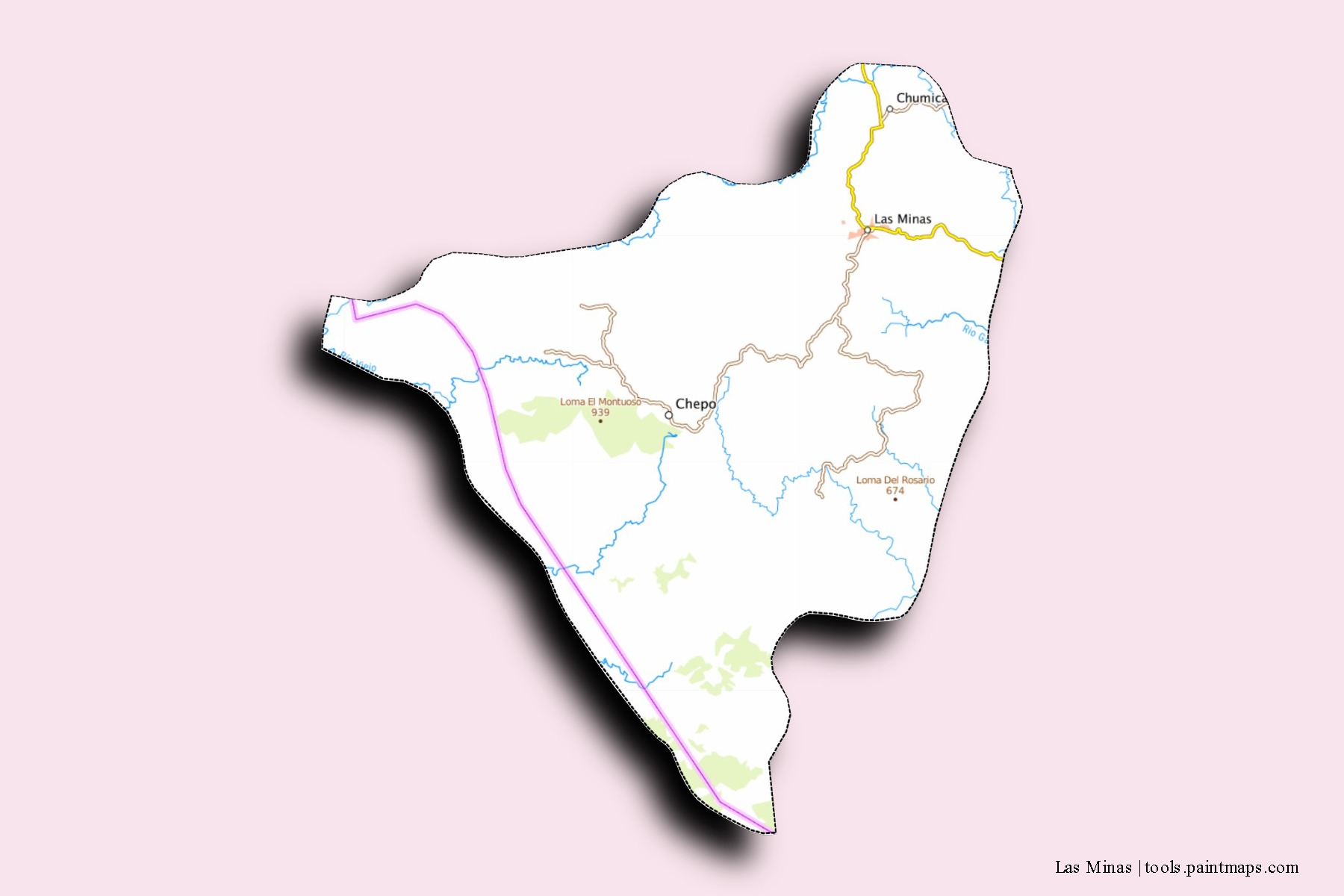 Mapa de barrios y pueblos de Las Minas con efecto de sombra 3D