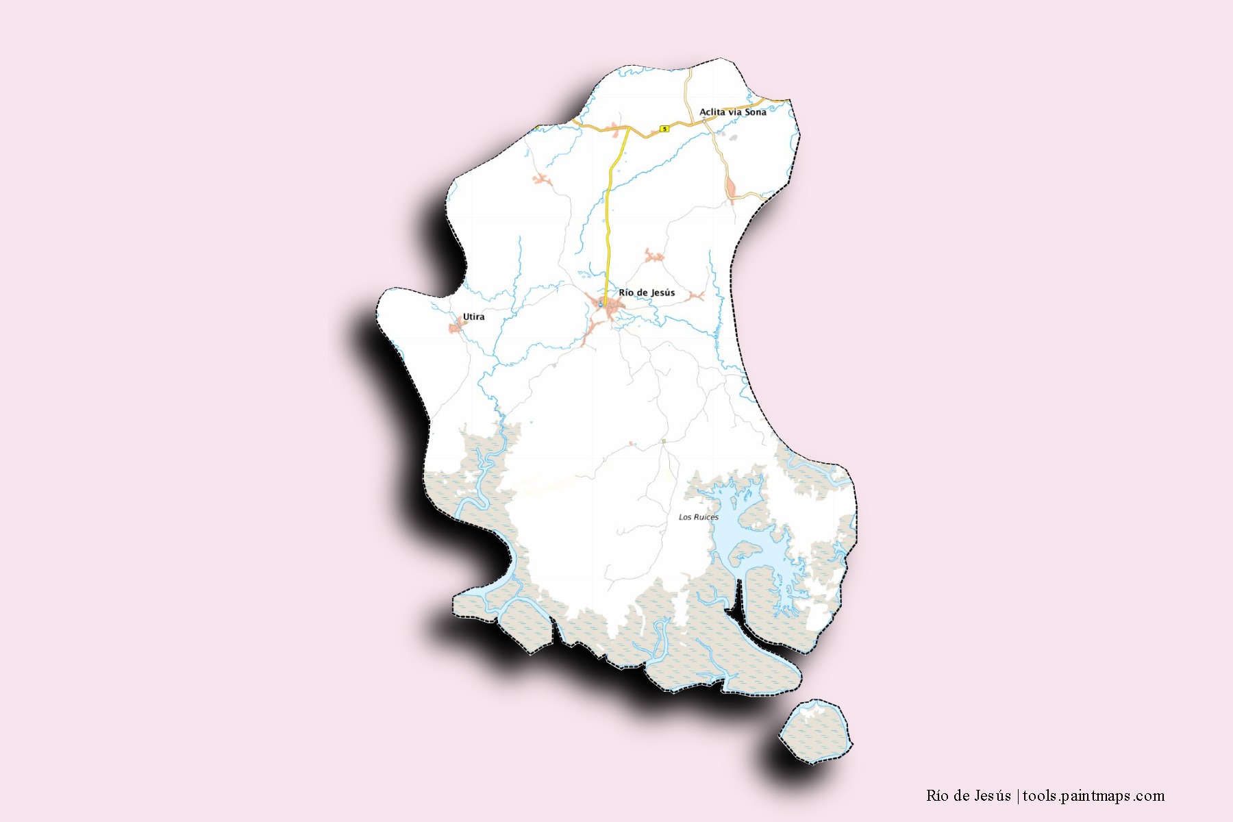 Mapa de barrios y pueblos de Río de Jesús con efecto de sombra 3D