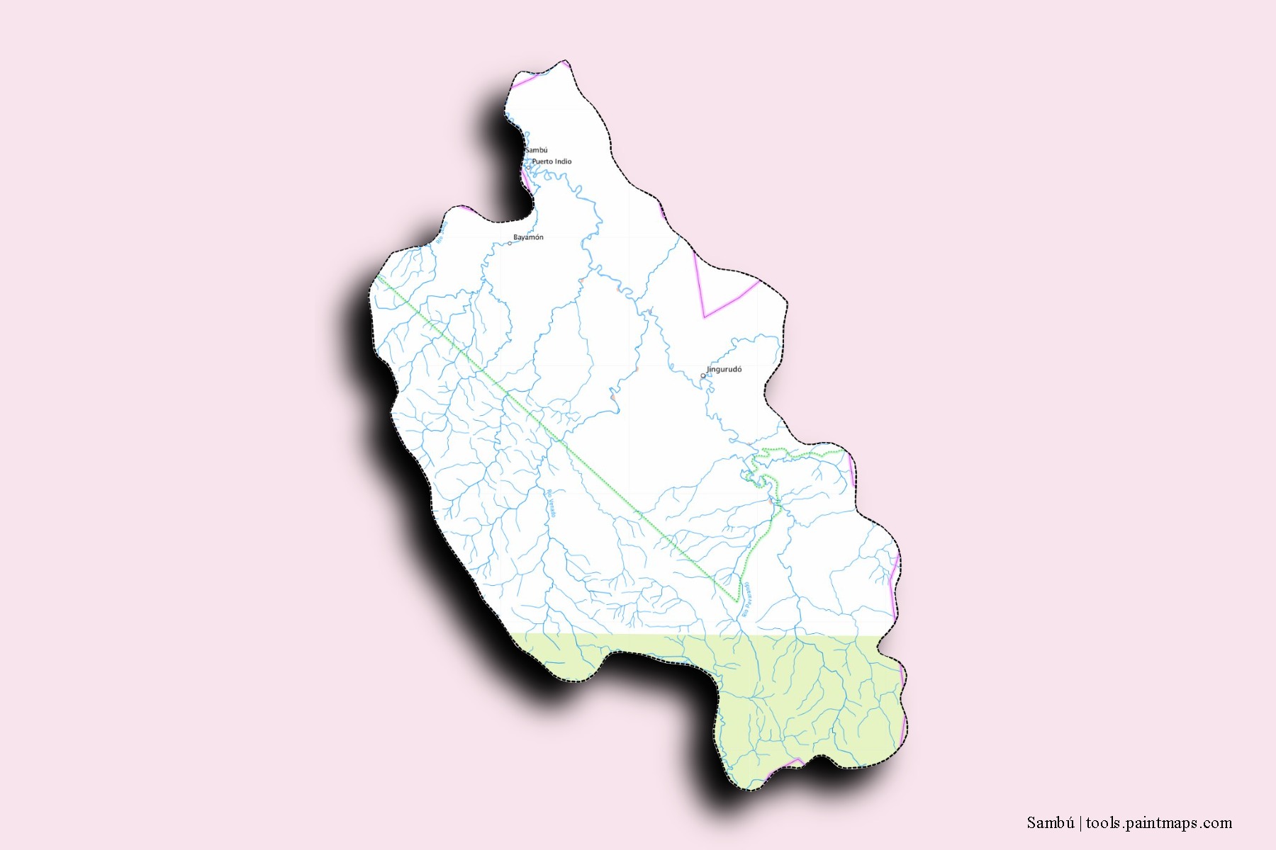 Mapa de barrios y pueblos de Sambú con efecto de sombra 3D