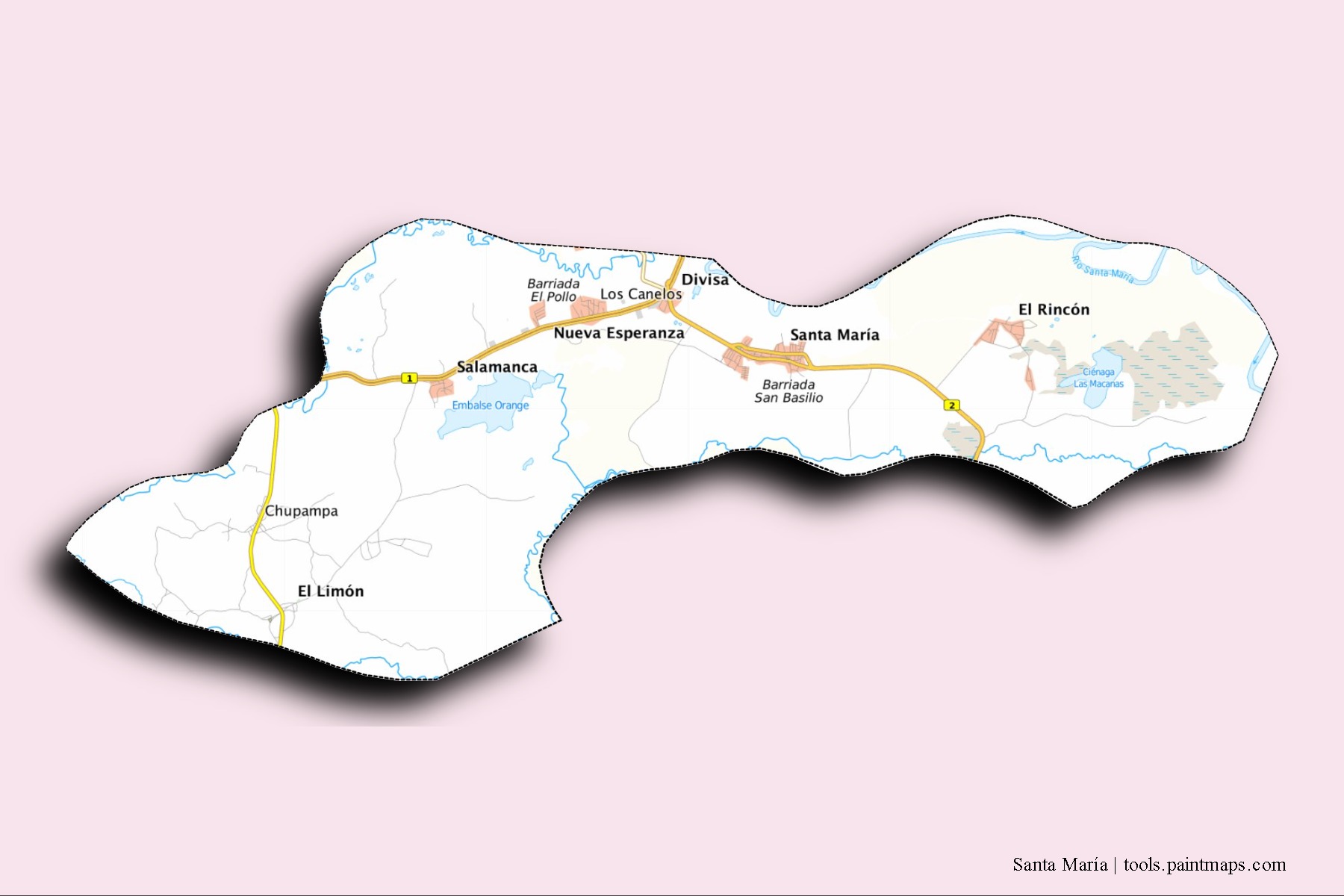 Mapa de barrios y pueblos de Santa María con efecto de sombra 3D