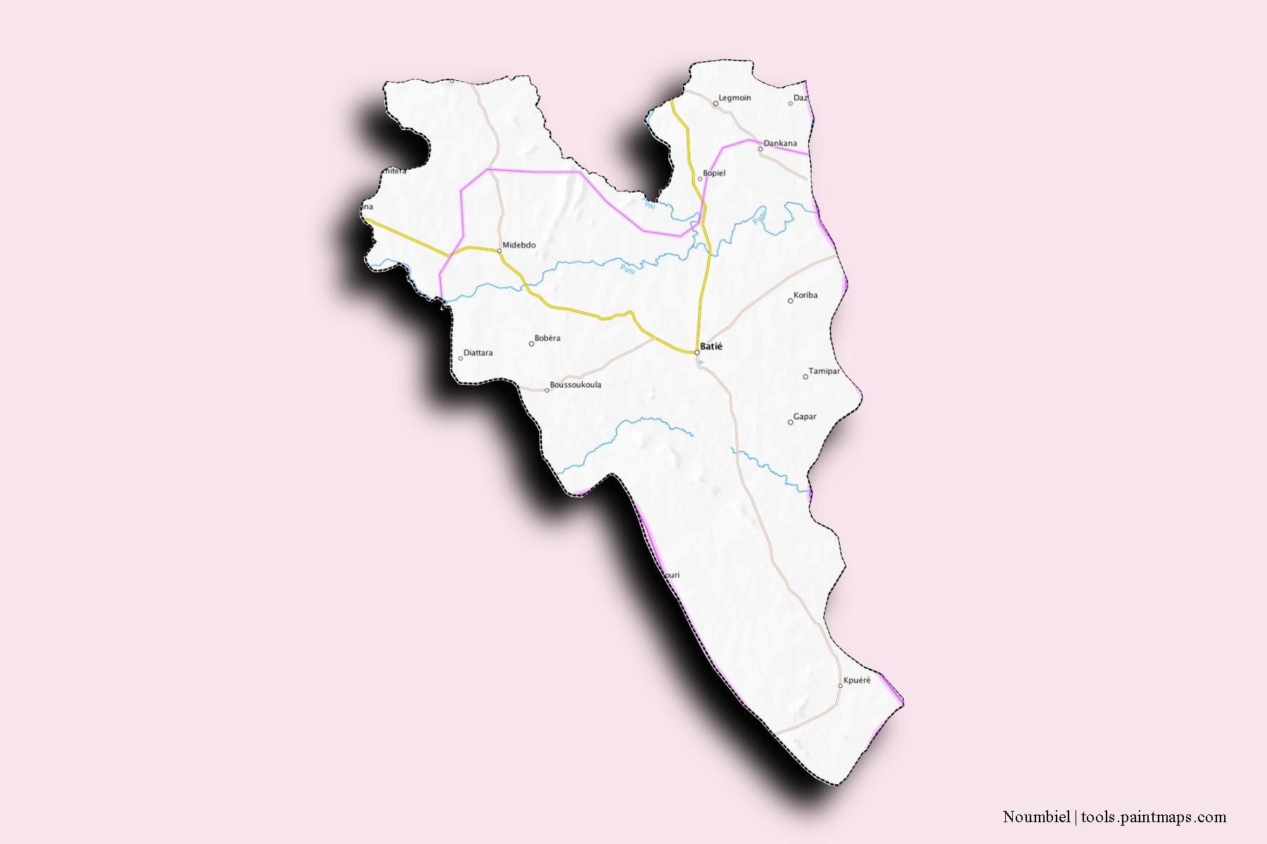 Noumbiel neighborhoods and villages map with 3D shadow effect