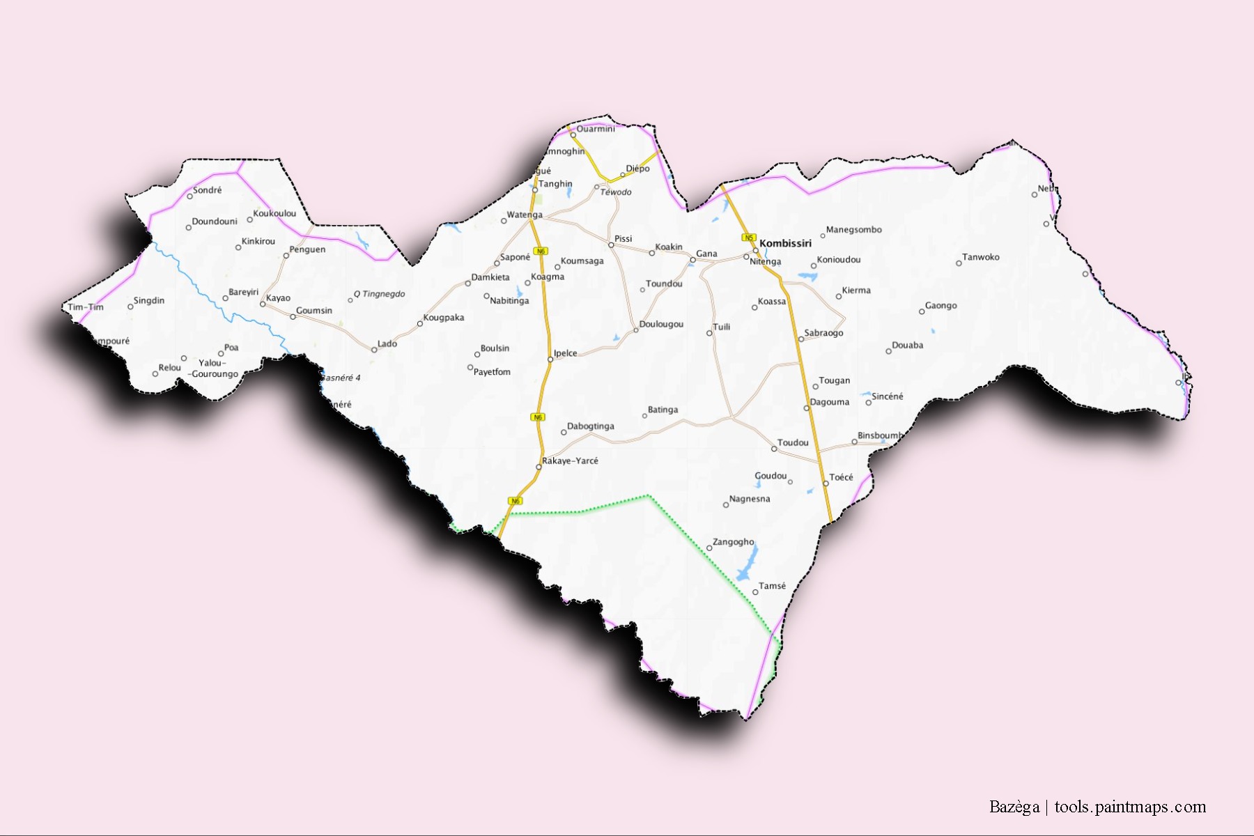 Bazèga neighborhoods and villages map with 3D shadow effect