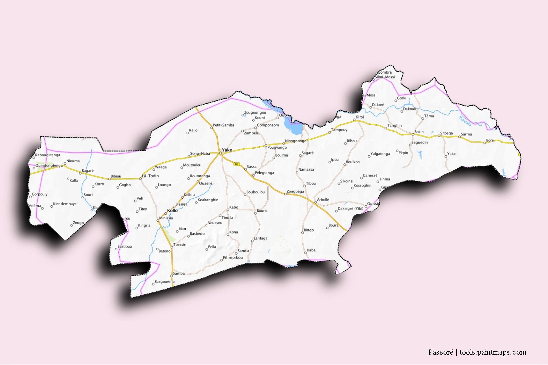 Passoré neighborhoods and villages map with 3D shadow effect