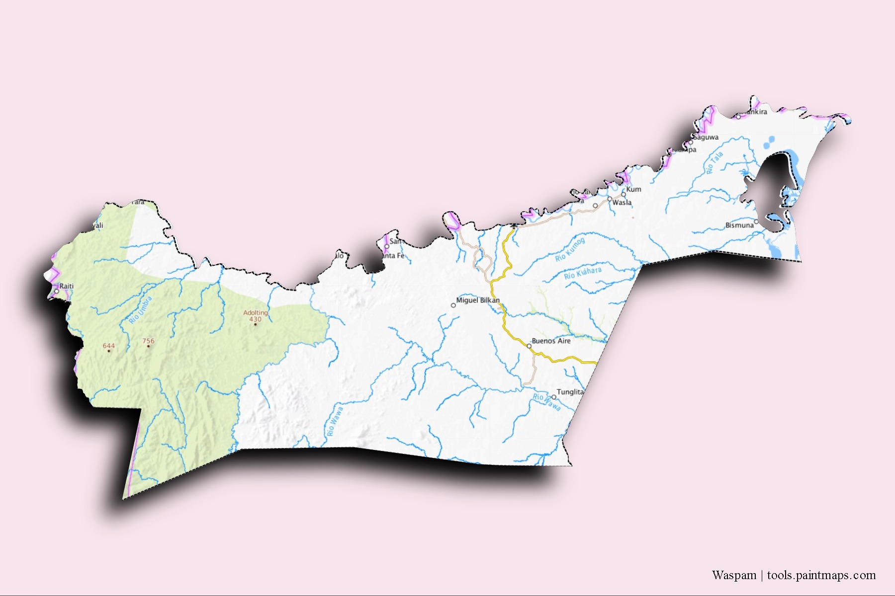 Mapa de barrios y pueblos de Waspam con efecto de sombra 3D