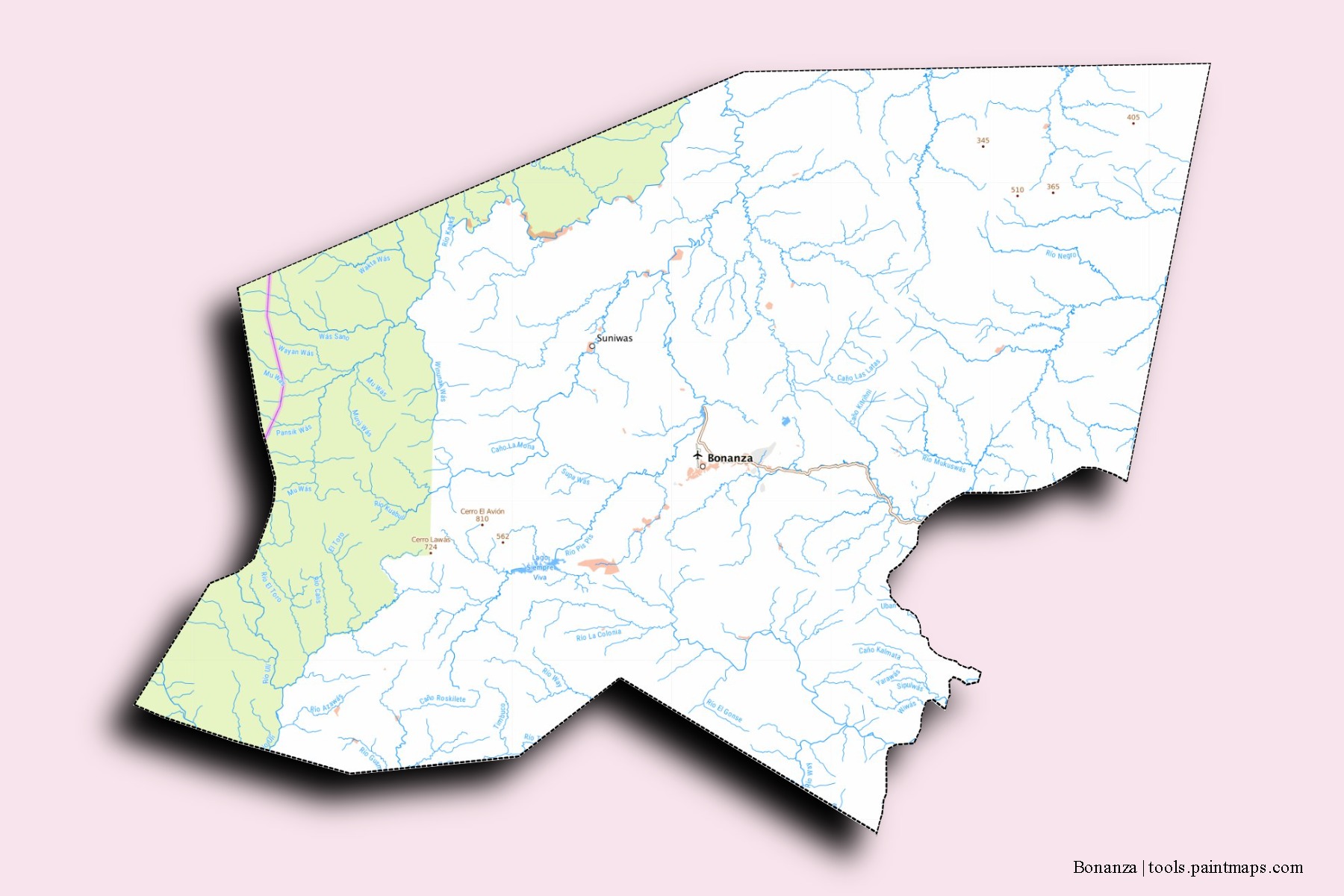 Mapa de barrios y pueblos de Bonanza con efecto de sombra 3D