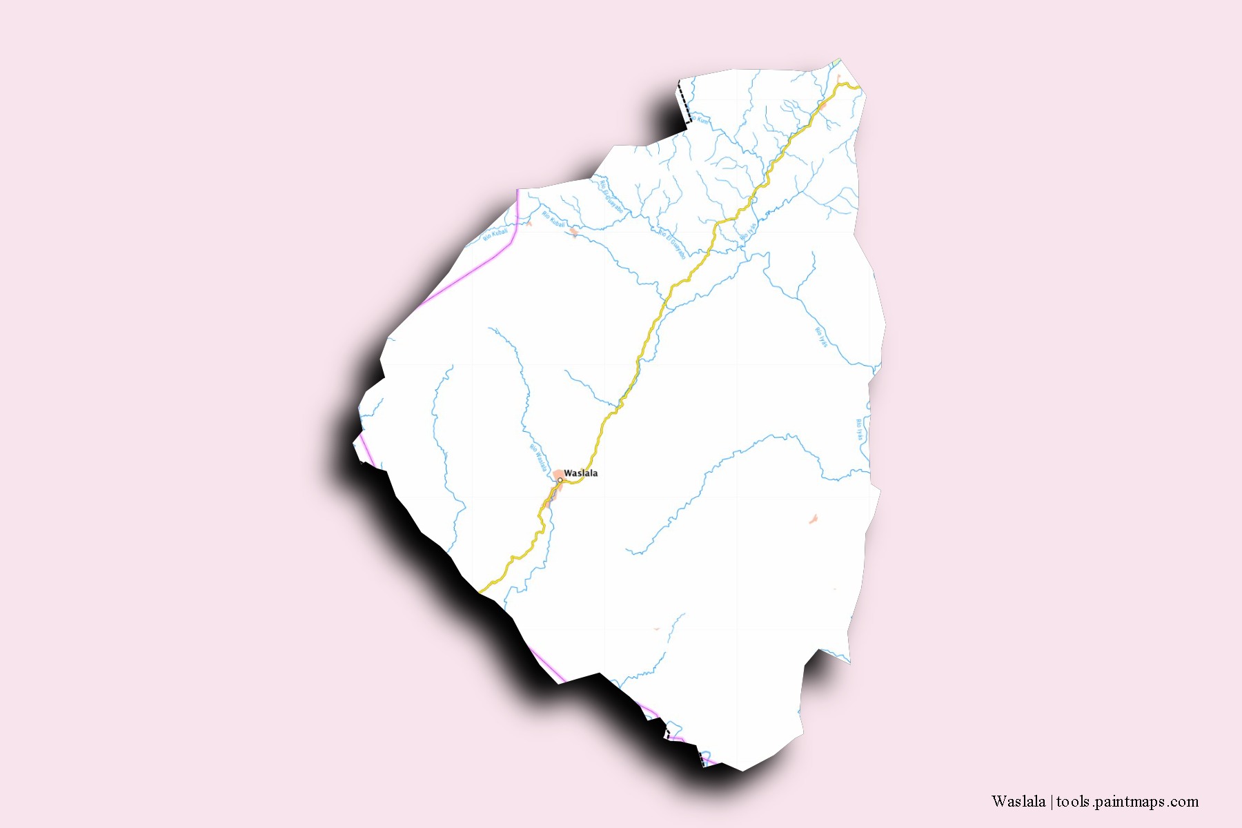 Mapa de barrios y pueblos de Waslala con efecto de sombra 3D