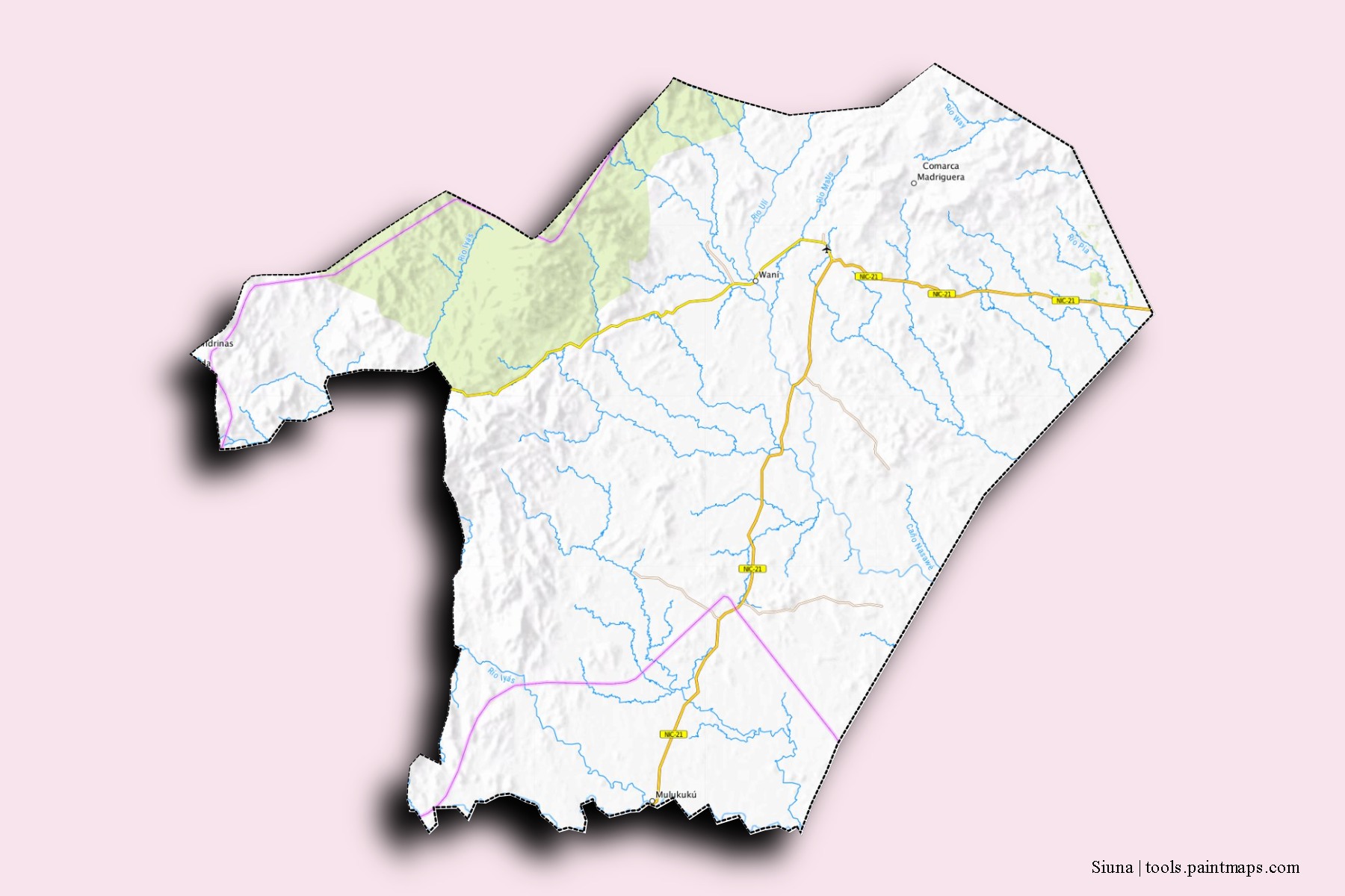 Mapa de barrios y pueblos de Siuna con efecto de sombra 3D