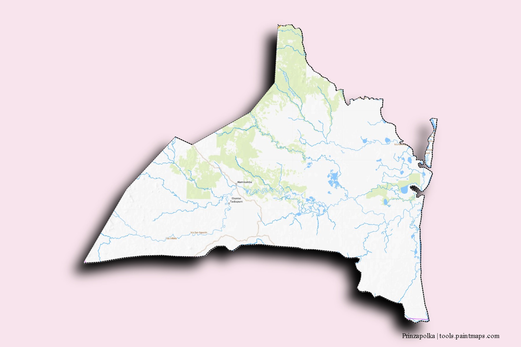 Mapa de barrios y pueblos de Prinzapolka con efecto de sombra 3D