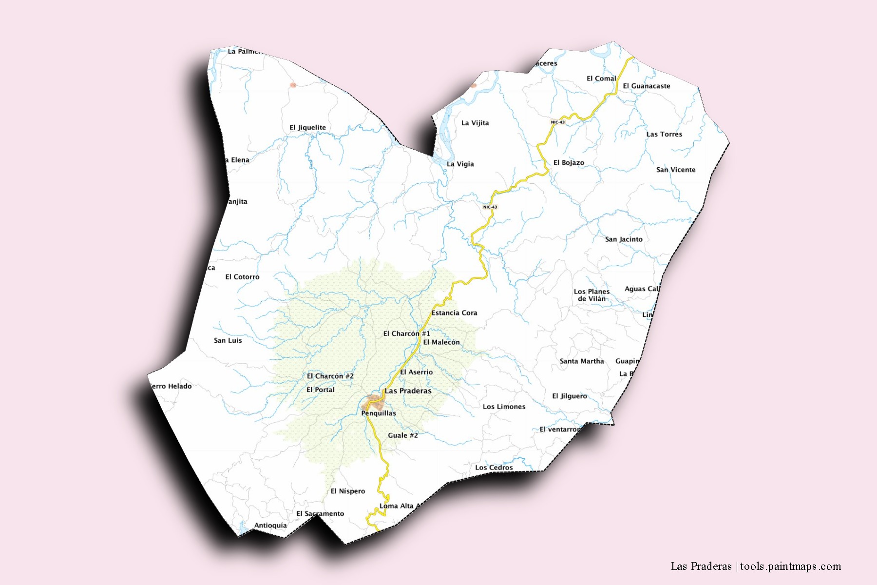 Mapa de barrios y pueblos de Las Praderas con efecto de sombra 3D