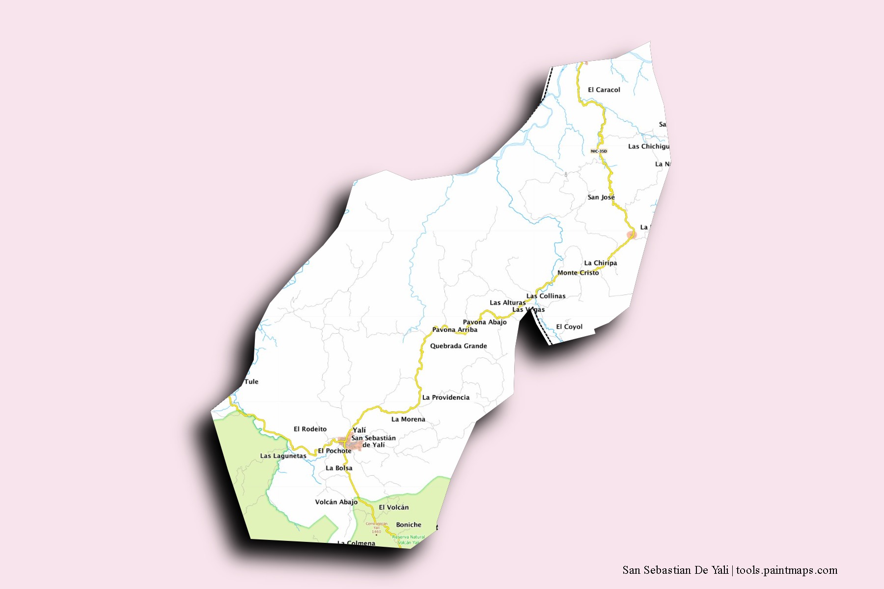 Mapa de barrios y pueblos de San Sebastian De Yali con efecto de sombra 3D