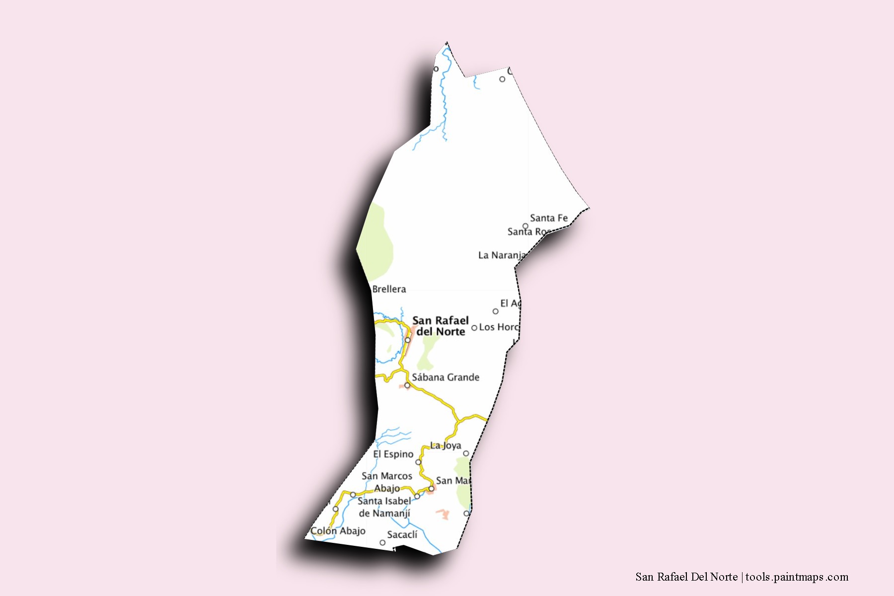 Mapa de barrios y pueblos de San Rafael Del Norte con efecto de sombra 3D