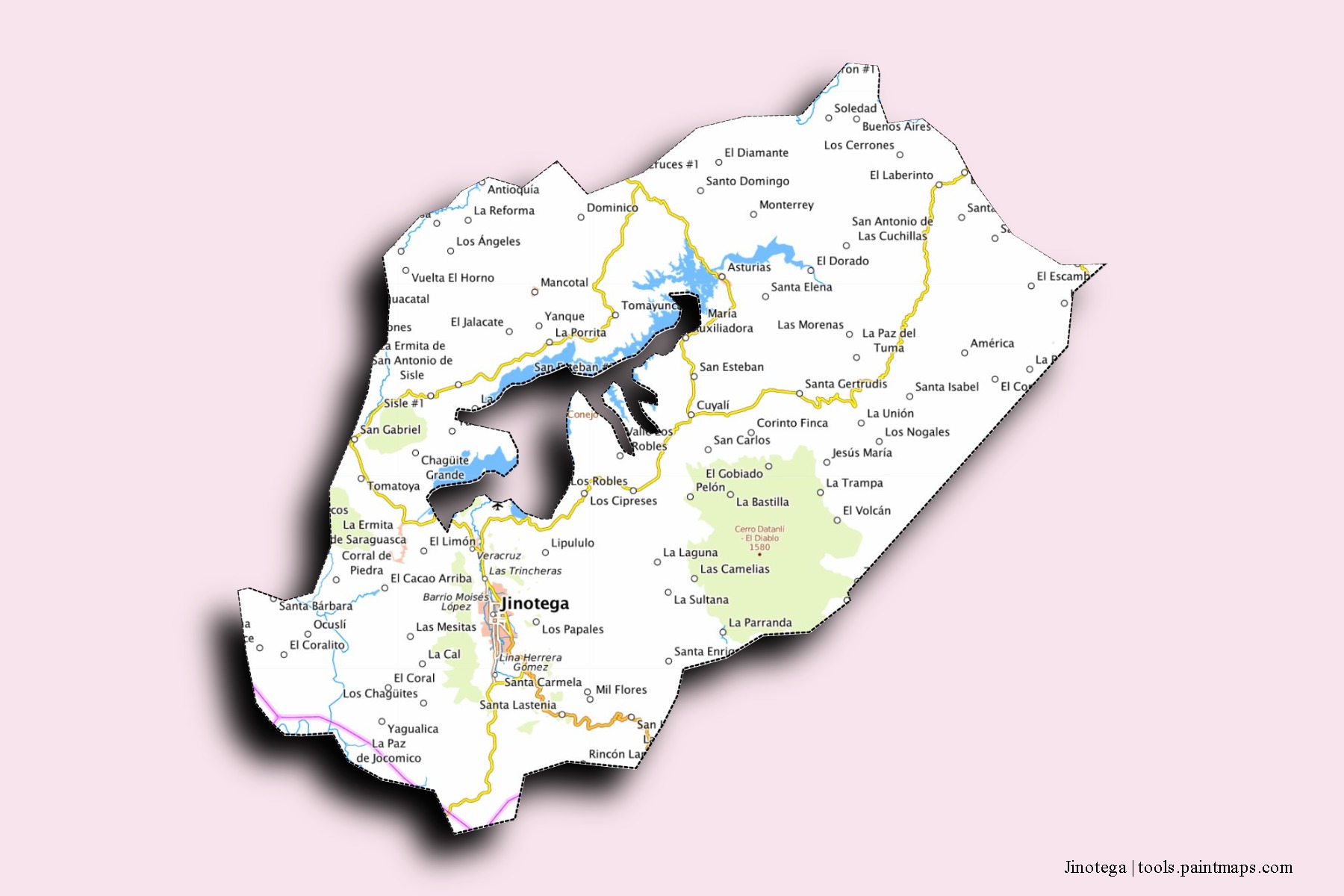 Mapa de barrios y pueblos de Jinotega con efecto de sombra 3D