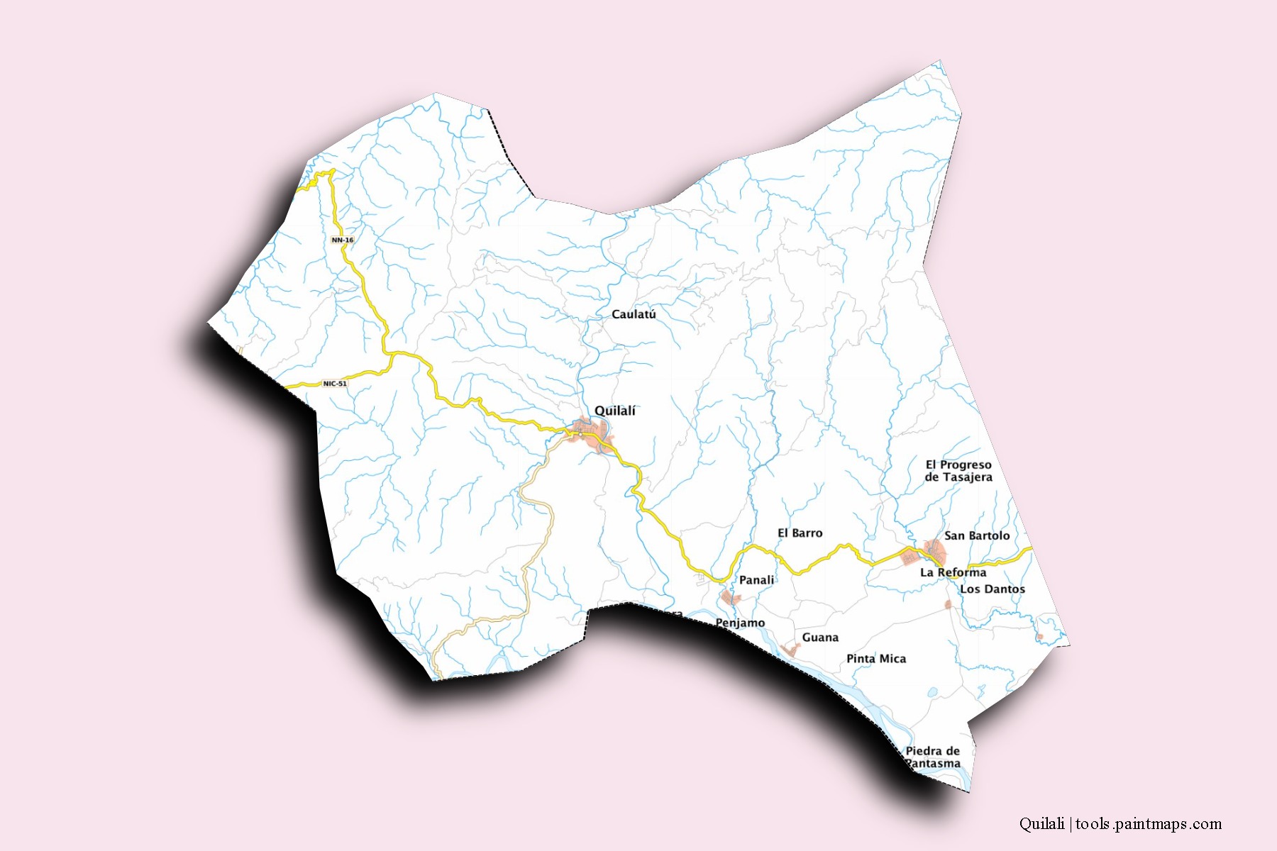 Mapa de barrios y pueblos de Quilali con efecto de sombra 3D