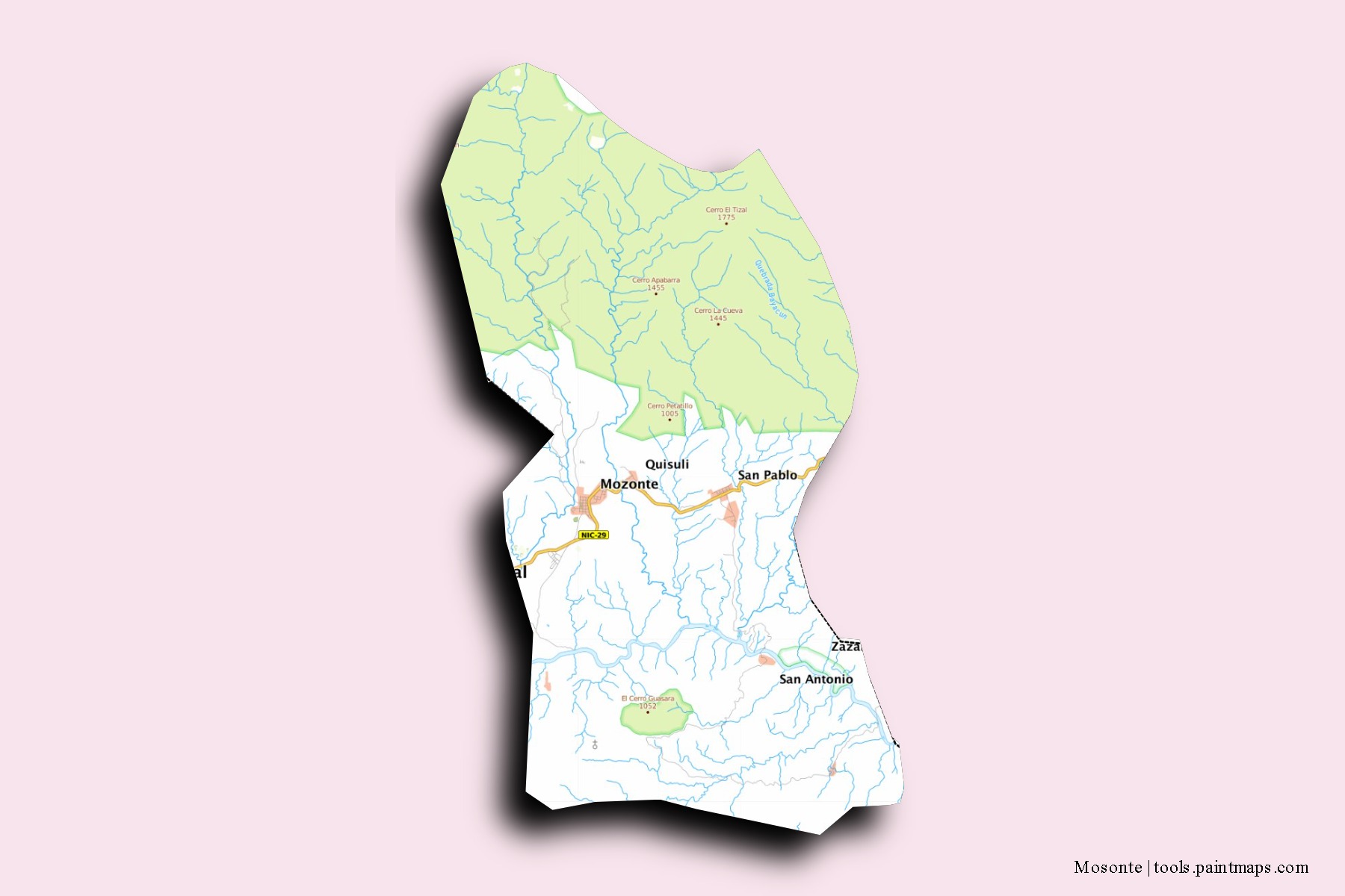 Mapa de barrios y pueblos de Mosonte con efecto de sombra 3D