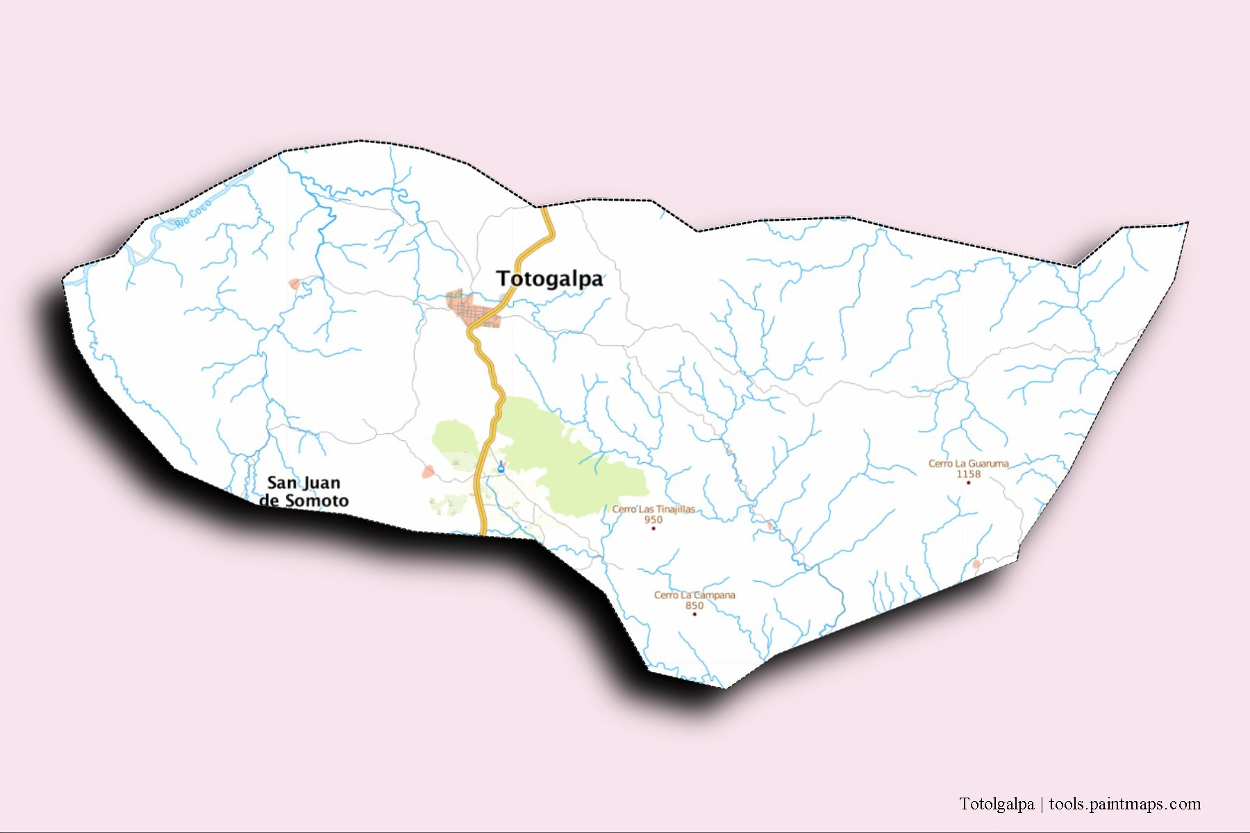 Mapa de barrios y pueblos de Totolgalpa con efecto de sombra 3D