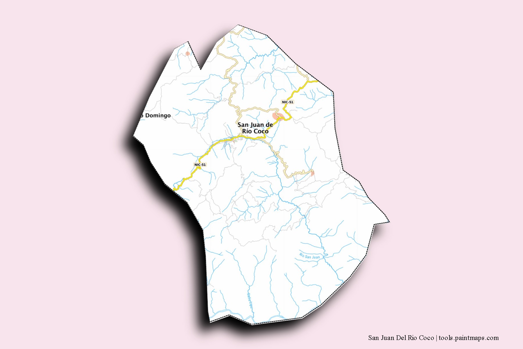 Mapa de barrios y pueblos de San Juan Del Rio Coco con efecto de sombra 3D