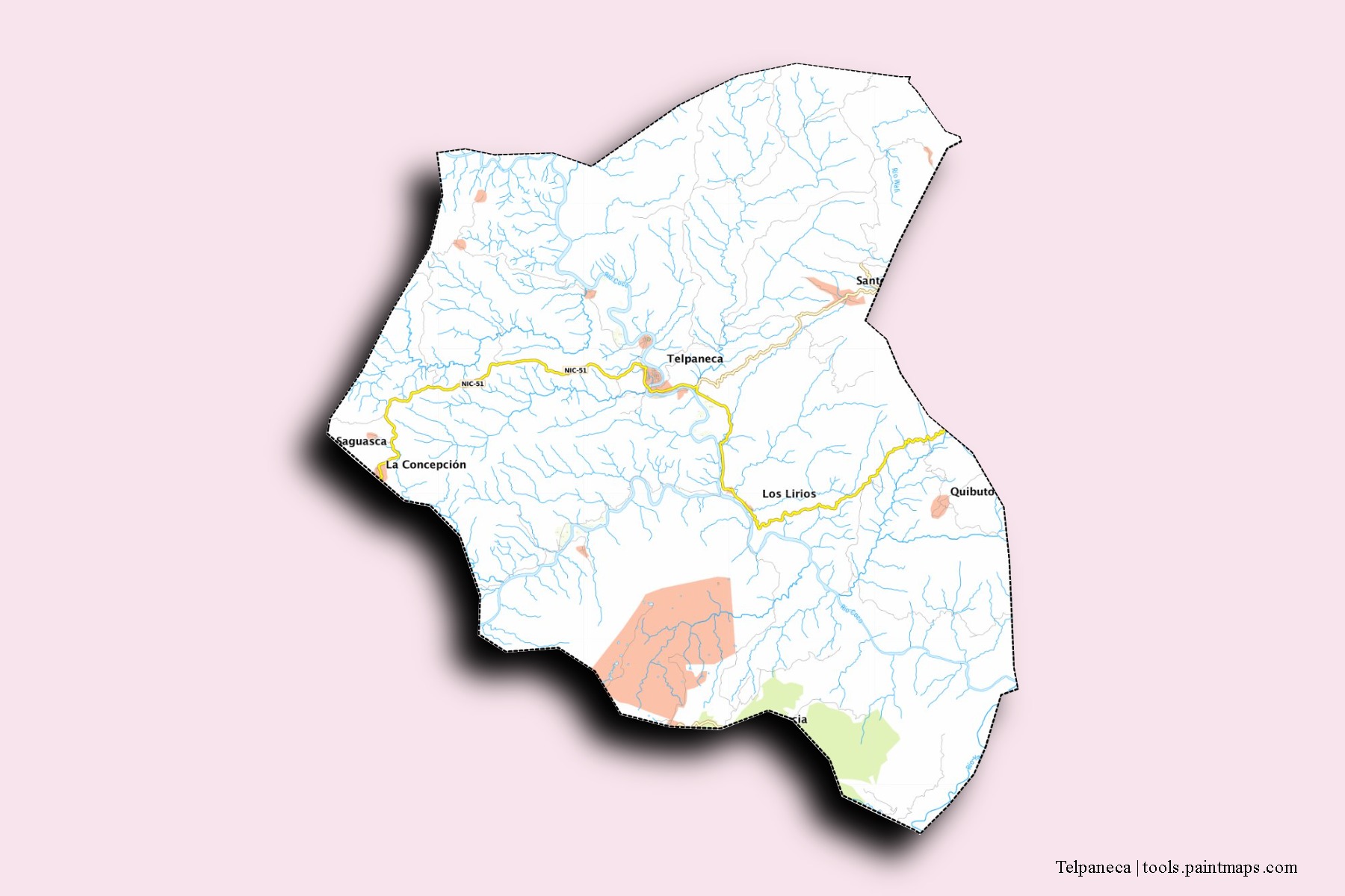 Mapa de barrios y pueblos de Telpaneca con efecto de sombra 3D