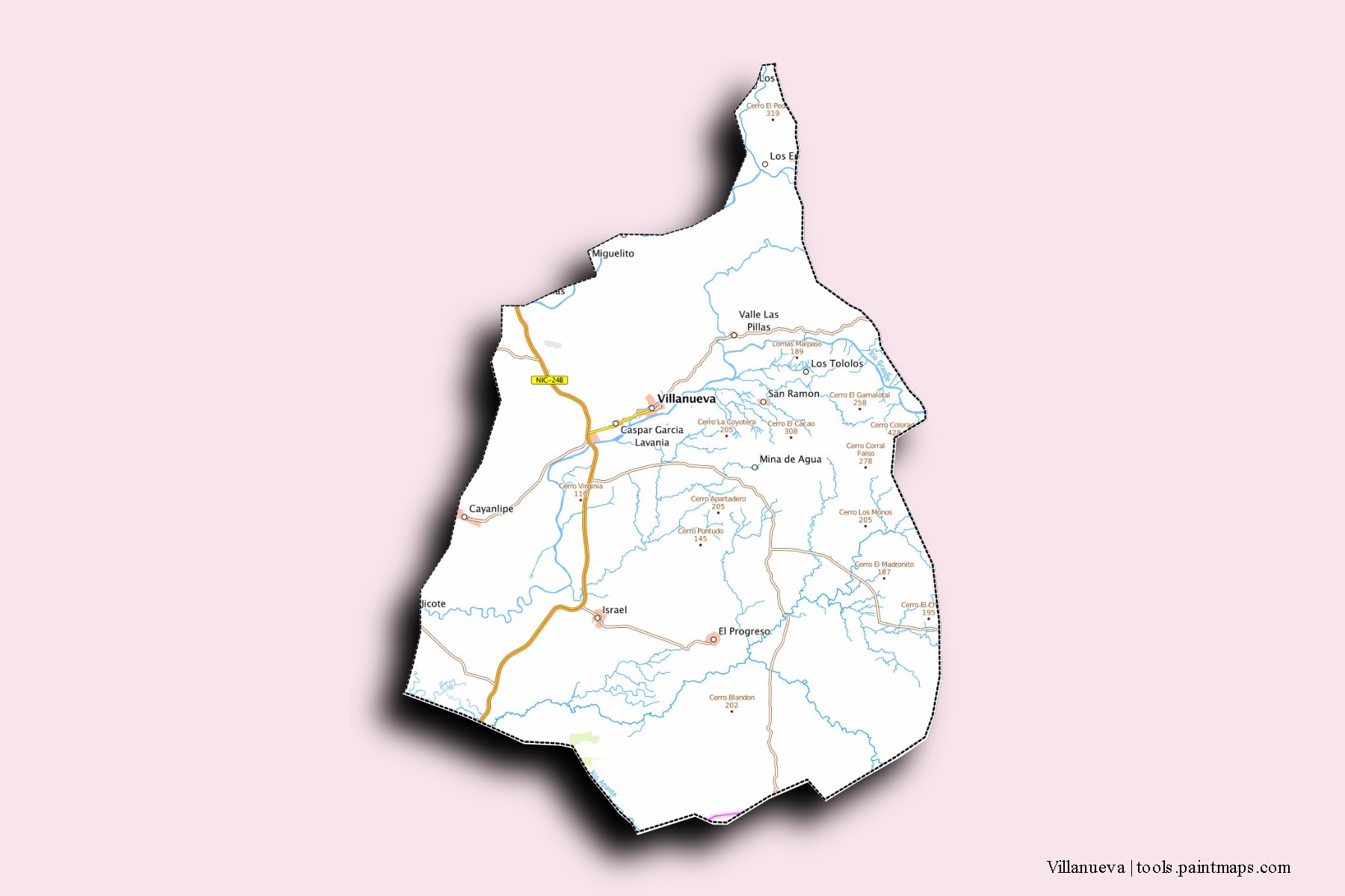 Mapa de barrios y pueblos de Villanueva con efecto de sombra 3D