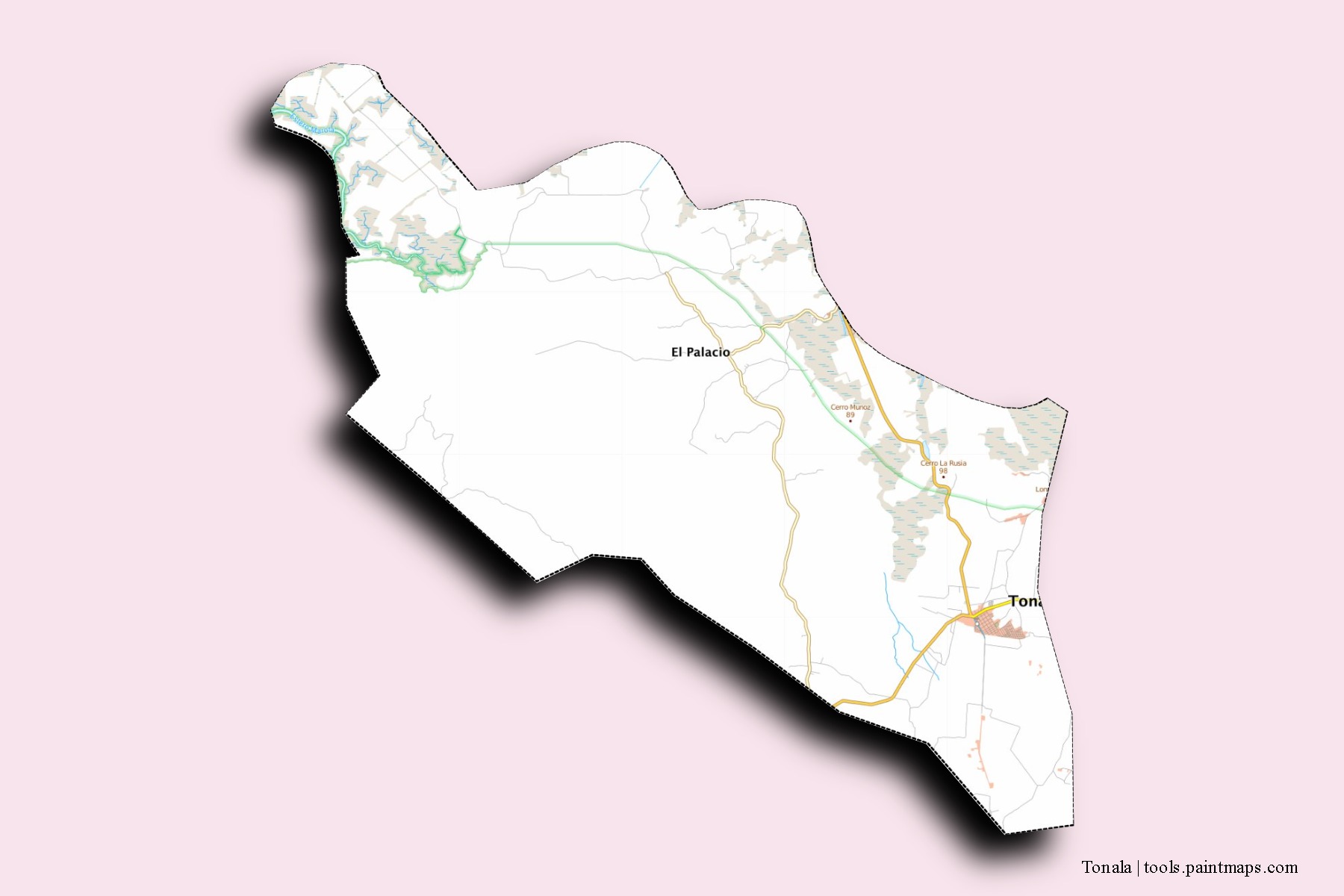 Mapa de barrios y pueblos de Tonala con efecto de sombra 3D