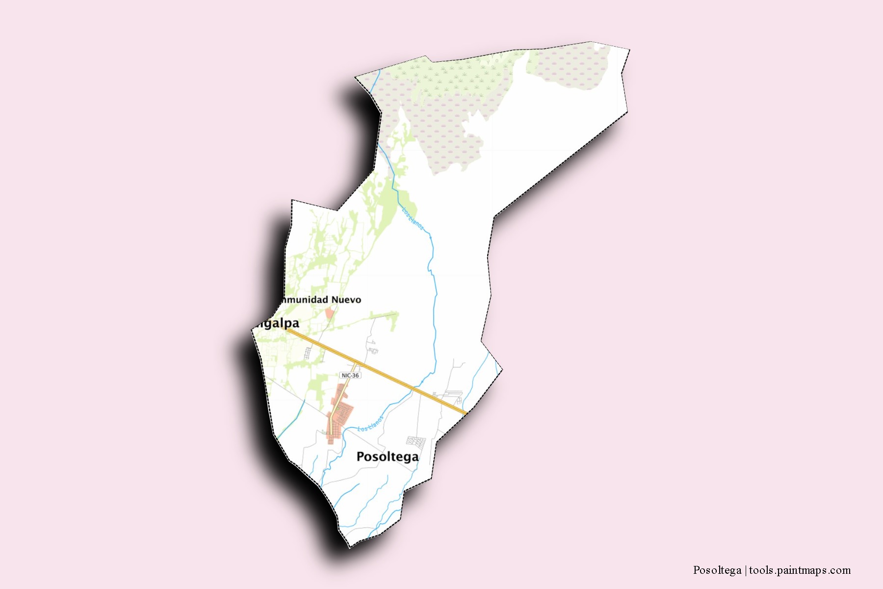 Mapa de barrios y pueblos de Posoltega con efecto de sombra 3D