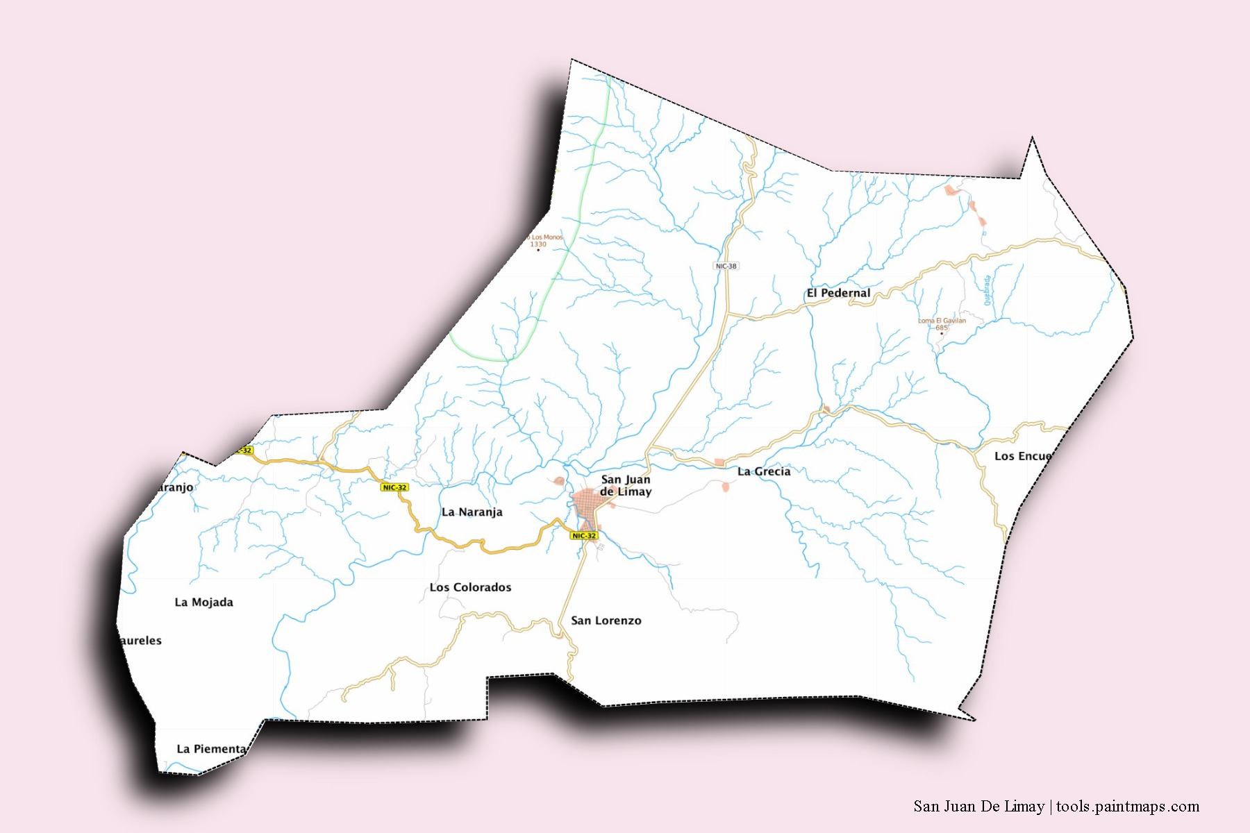 Mapa de barrios y pueblos de San Juan De Limay con efecto de sombra 3D