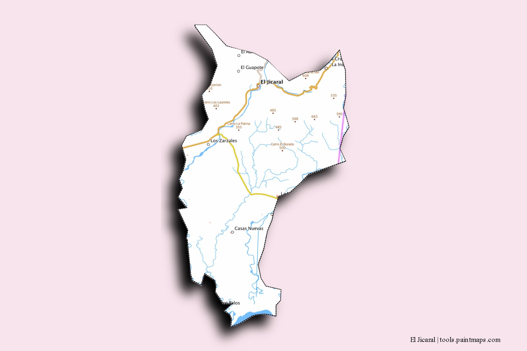 Mapa de barrios y pueblos de El Jicaral con efecto de sombra 3D