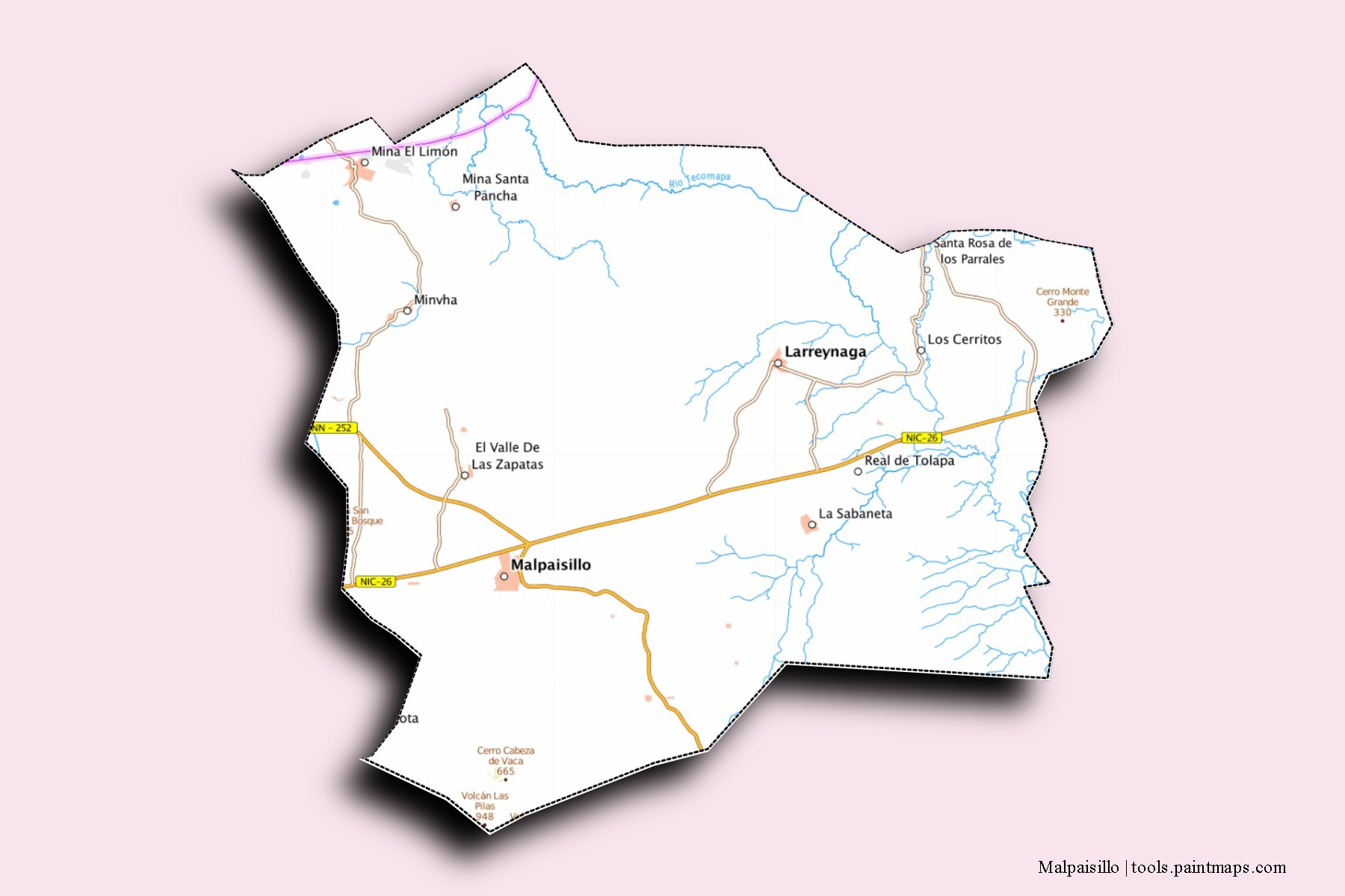 Malpaisillo neighborhoods and villages map with 3D shadow effect