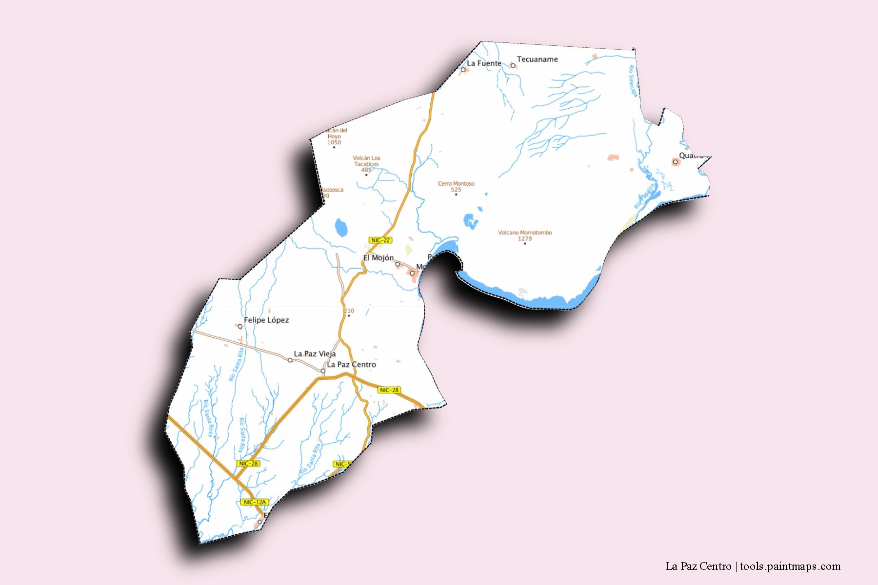 Mapa de barrios y pueblos de La Paz Centro con efecto de sombra 3D