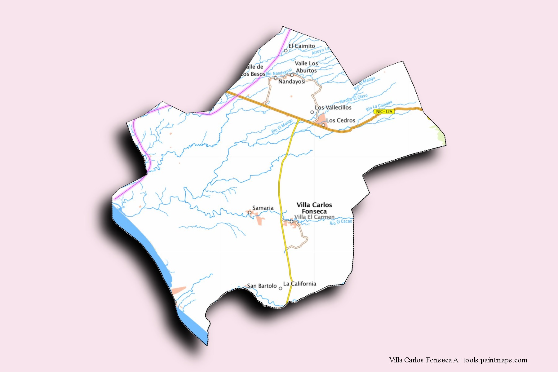 Mapa de barrios y pueblos de Villa Carlos Fonseca A con efecto de sombra 3D