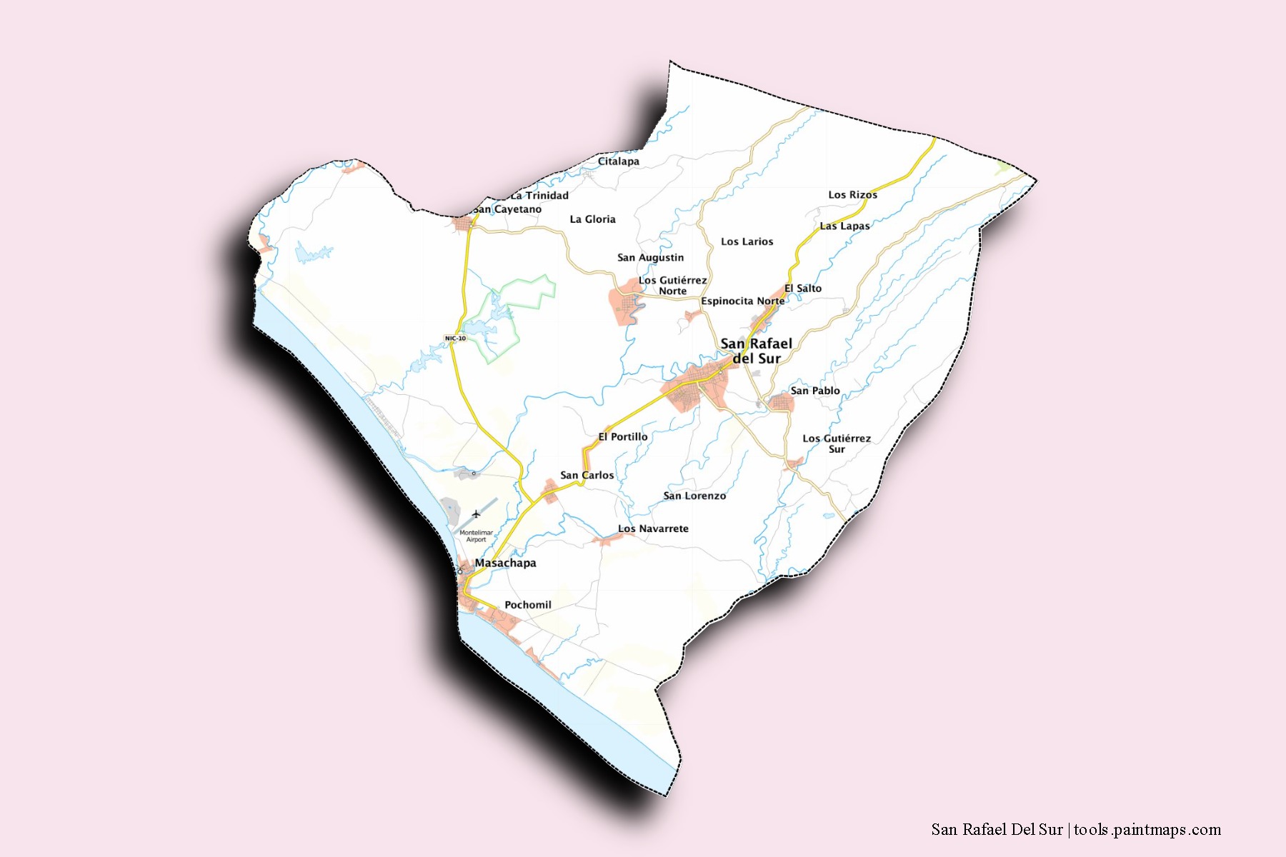 Mapa de barrios y pueblos de San Rafael Del Sur con efecto de sombra 3D