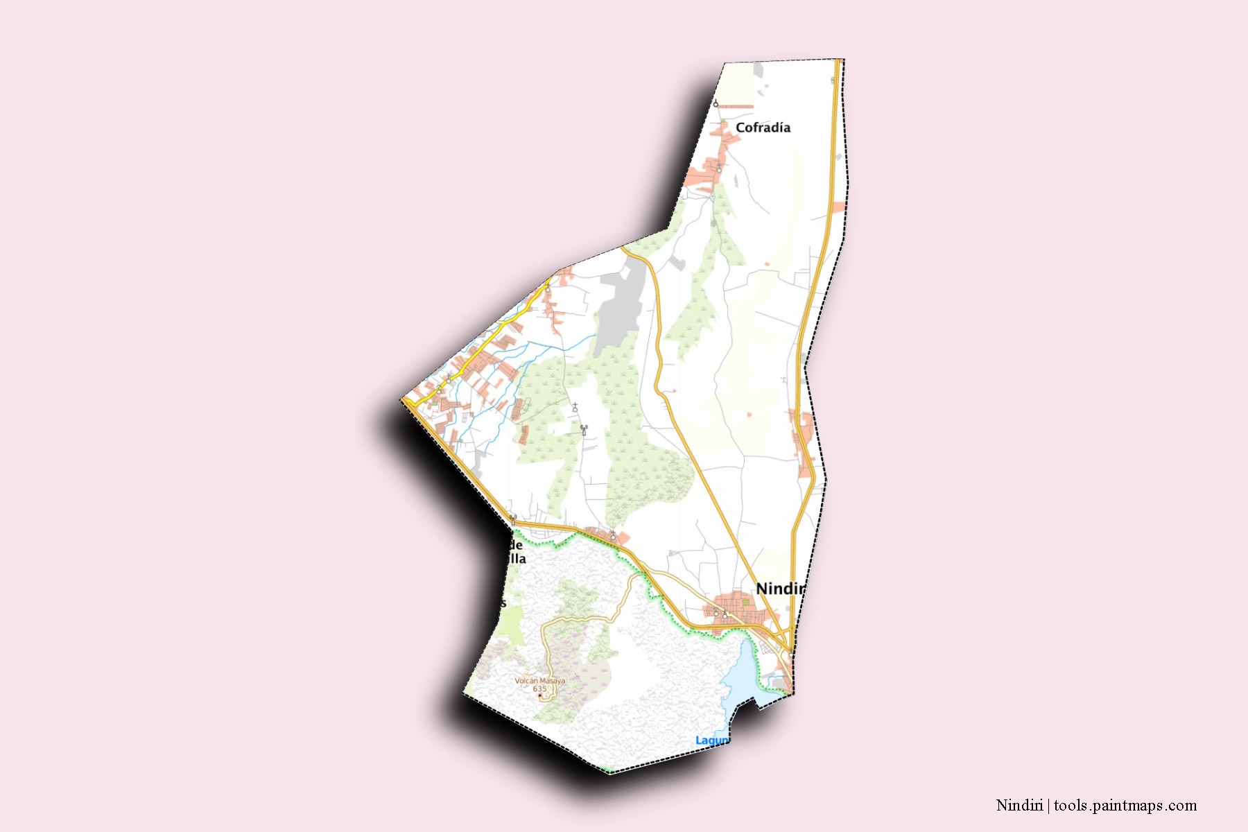 Mapa de barrios y pueblos de Nindiri con efecto de sombra 3D