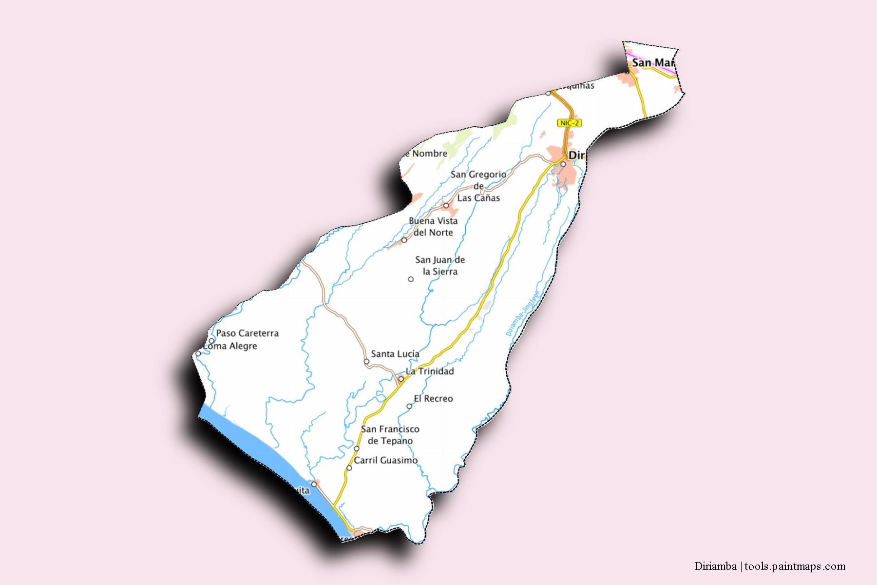 Mapa de barrios y pueblos de Diriamba con efecto de sombra 3D