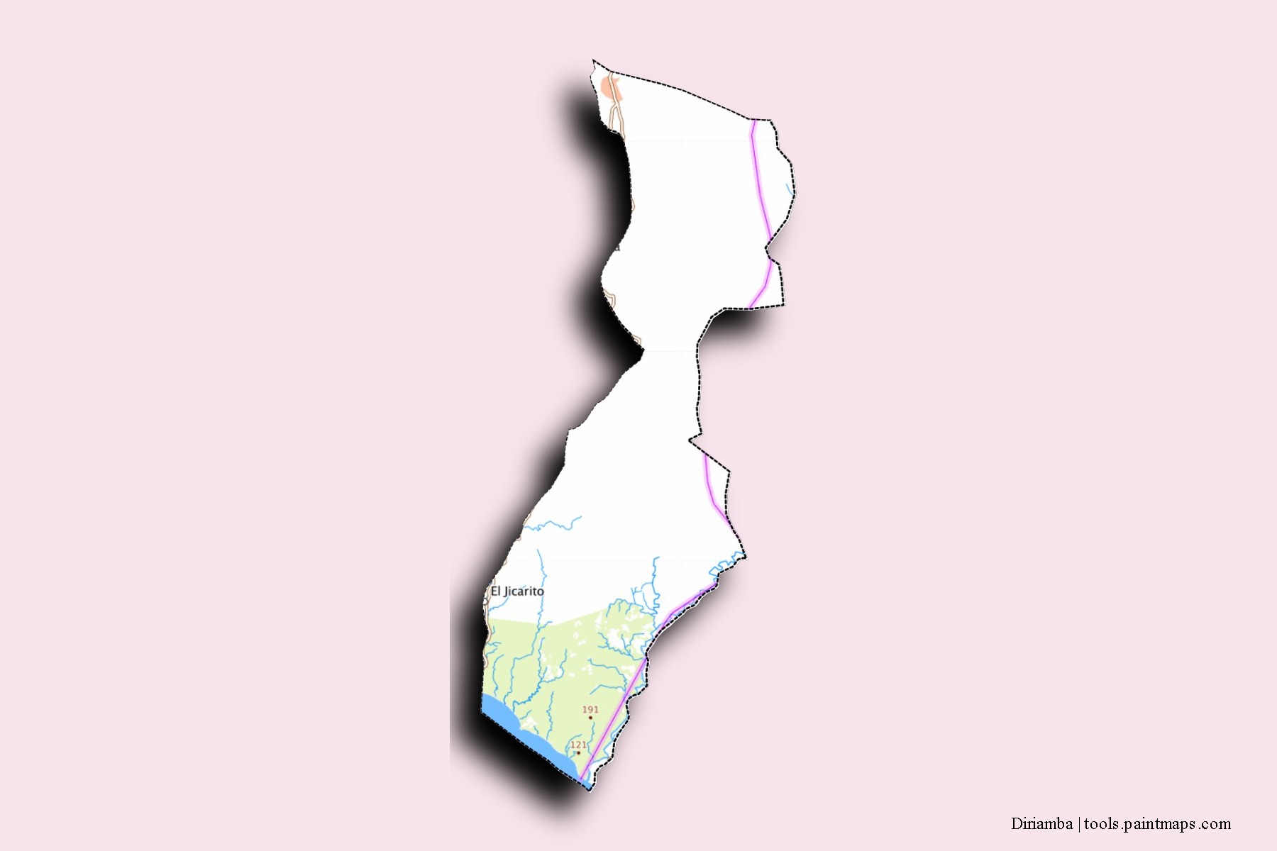 Mapa de barrios y pueblos de Diriamba con efecto de sombra 3D