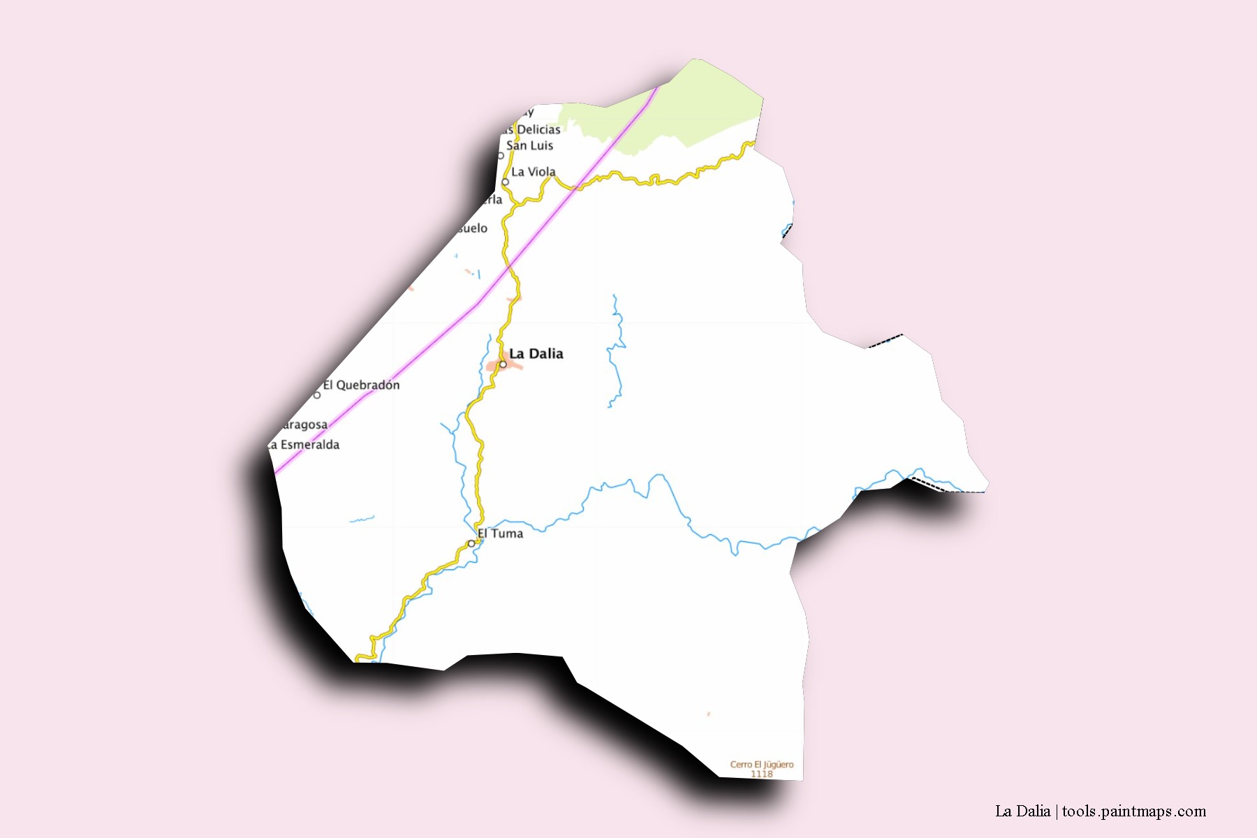 Mapa de barrios y pueblos de La Dalia con efecto de sombra 3D